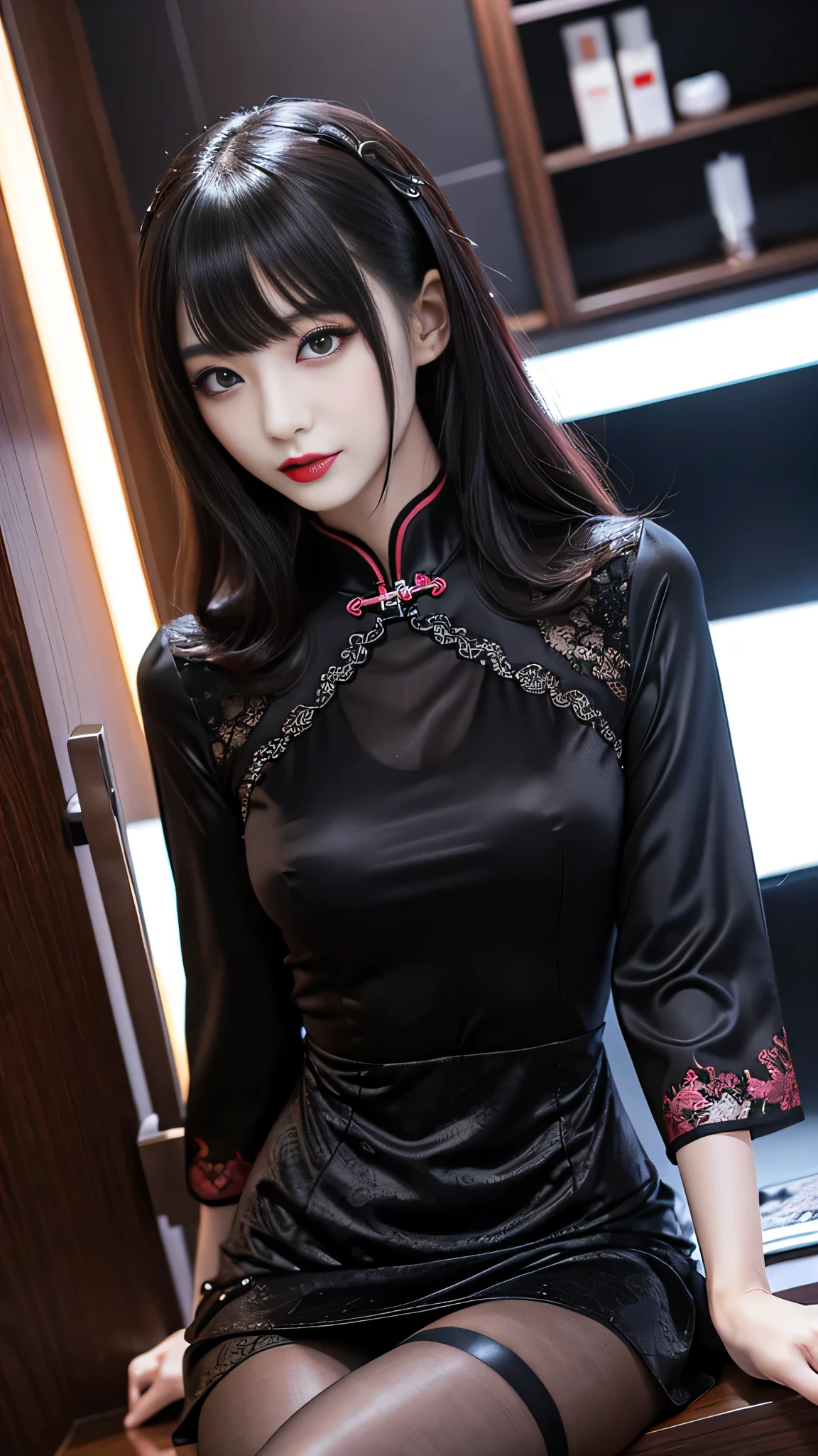 ltra-detailed、Japanese、attractive beauty、seductive adult woman、pretty woman、piercing eyes、cool girl、wavy hair、swept bangs、Long Black Cheongsam、wide sleeves、Tight Skirt、pantyhose、beautiful feet、Evil cadres、evil depravity、brainwash、mind control、lipstick、lip gloss、smirk、evil look、evil、empty eyes、evil、night walk、vampire、succubus、vampire、makeup brush、stand