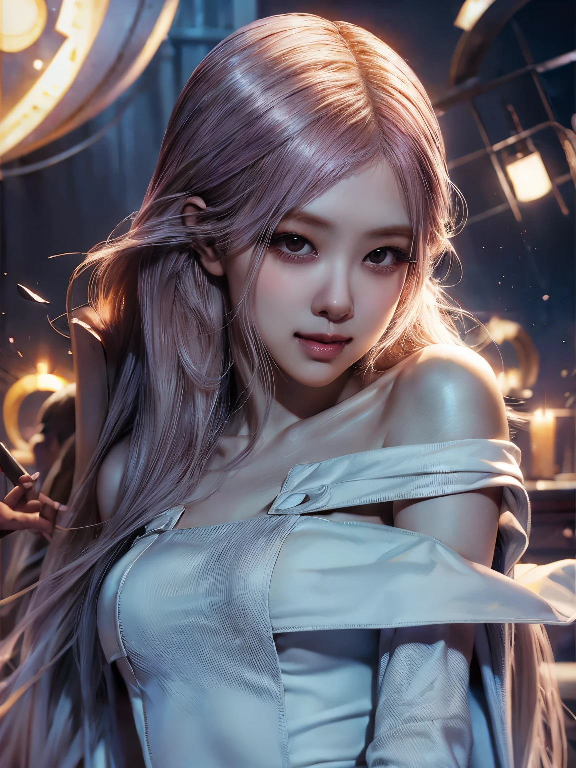 day, Princess of Lightness,pink hair,busty,Glamour,fabulous,Jewelry,monochrome,goddess,light Fantasy,light Venus,erotic posing,Dynamic posing,dramatic,cinematic,detailed background,light fantastic view,Best quality,table,8 k,Maximum detailed light background, Best Image Quality、raw photo、Super high resolution、Show Legs,cropped shoulders,Close-up of the whole body,overall the look is very erotic。(Hand optimization),(Parts Reinforced),(High image quality) 18 year old woman、Filmed for one person only、(smiling),Model shooting、Medium breasts、in a white dress、Beautiful eye details、Very thin eyes、Show Legs and hip, Beautiful eyelashes、beautiful double eyelid、very slim build, shy, with rosy cheeks, 🤍
