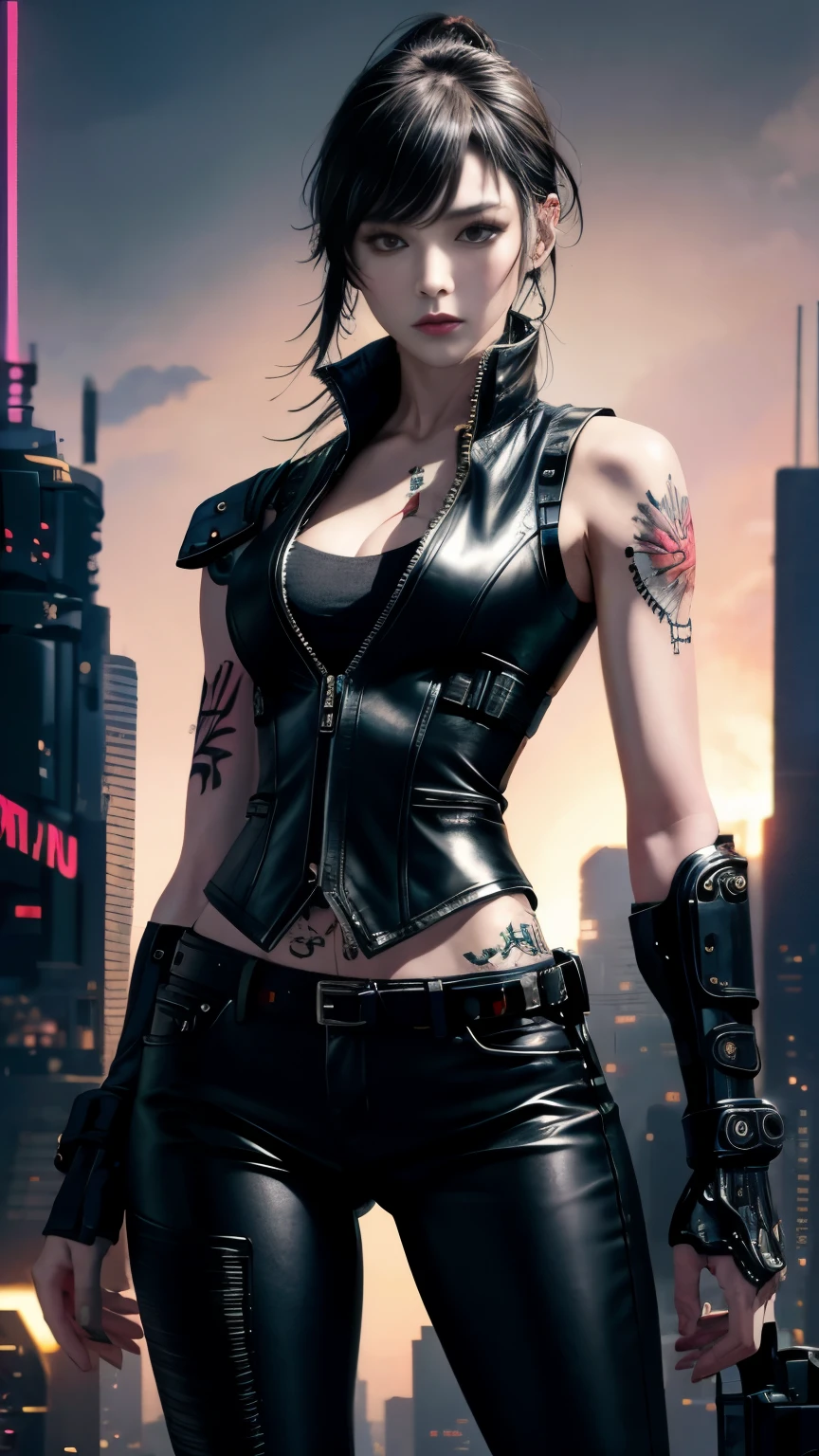 (highest quality)，masterpiece，Super detailed，8K, UHD，Beautiful woman，japanese woman，No expression，whole body，((tattoo))，slim，black leather pants，black leather vest，(female mafia)，gangster，(cyberpunk city)，night，cinematic lightening，underworld