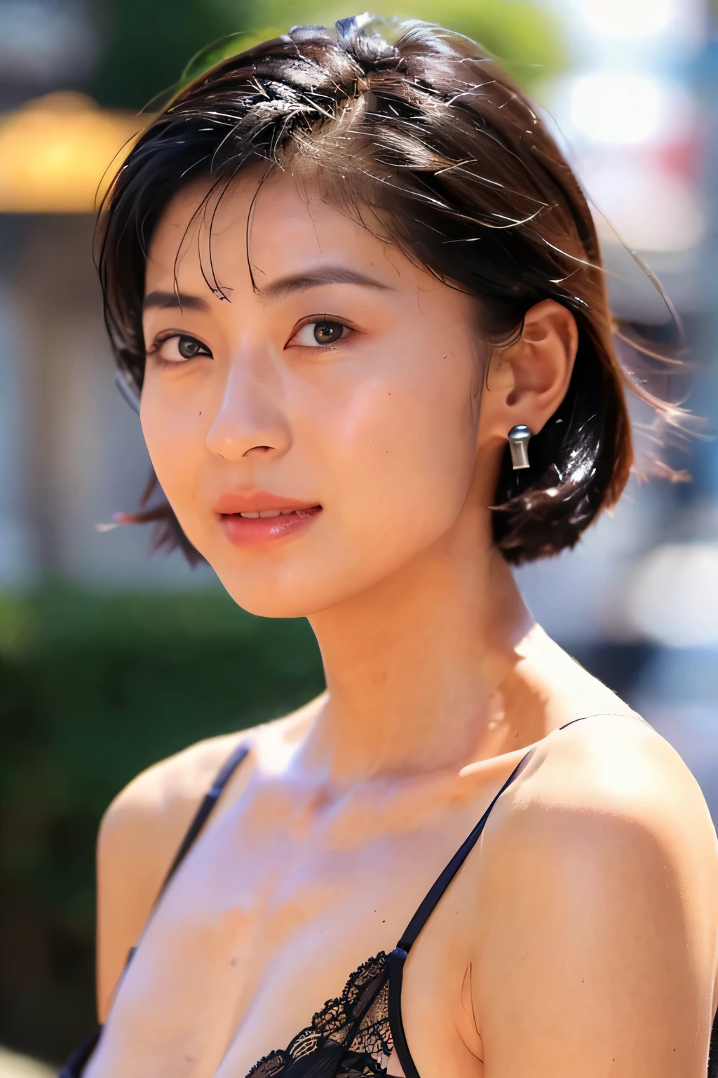 NSFW:1.5,((highest quality、8K resolution、master masterpiece、portrait:1.3)), Photoreal, 35mm film, 1 Japanese female, Upper body、on the street during the day, wrinkles around the eyes、plump body、cleavage、boyish_pixie cut、smile,((white bra_panties:1.3)) , (outdoor:city street 1.3), jumbled background,look at the audience,Tokyo cityscape:1.3
