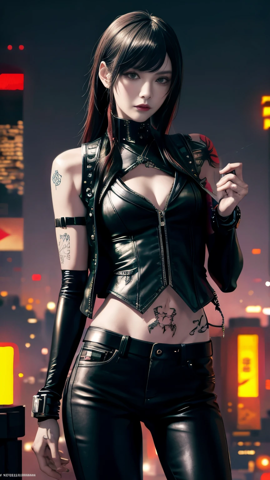 (highest quality)，masterpiece，Super detailed，8K, UHD，Beautiful woman，japanese woman，No expression，whole body，((tattoo))，slim，black leather pants，black leather vest，(female mafia)，gangster，(cyberpunk city)，night，cinematic lightening，underworld