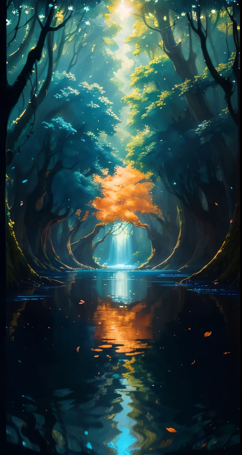 Masterpiece, Best Quality, (Exquisitely Detailed CG Unity 8K Wallpaper), (Best Illustration), (Best Shadows), Nature's Symphony, Blue Sea, Delicate leaves and petals of various colors, gracefully falling in the air, Light Tracking.

Imagine a breathtaking scene of a serene blue sea, with each wave glistening in the sun's early rays. Sunlight filters through the canopy of trees overhead, casting dappled shadows on the water. The leaves and petals drifting through the air are intricately detailed, their delicate hues of pink, orange, and yellow adding a vibrant touch to the scene