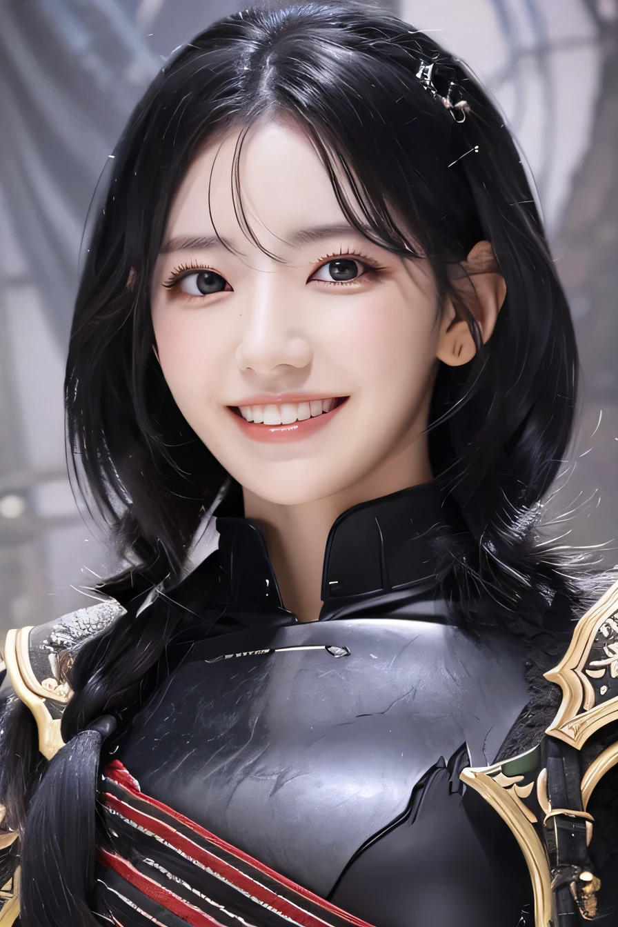 highest resolution, 4k, masterpiece: 1.3), japanese mature, women pictures, sexy, fine eyes, slender body shape, realistic teeth, double eyelid, full body, highest quality, get used to it, equipped with armor, in a fantasy world, The background is a castle、black hair、ear piercing、smile、beautiful teeth、open your mouth、full body photo、have a weapon