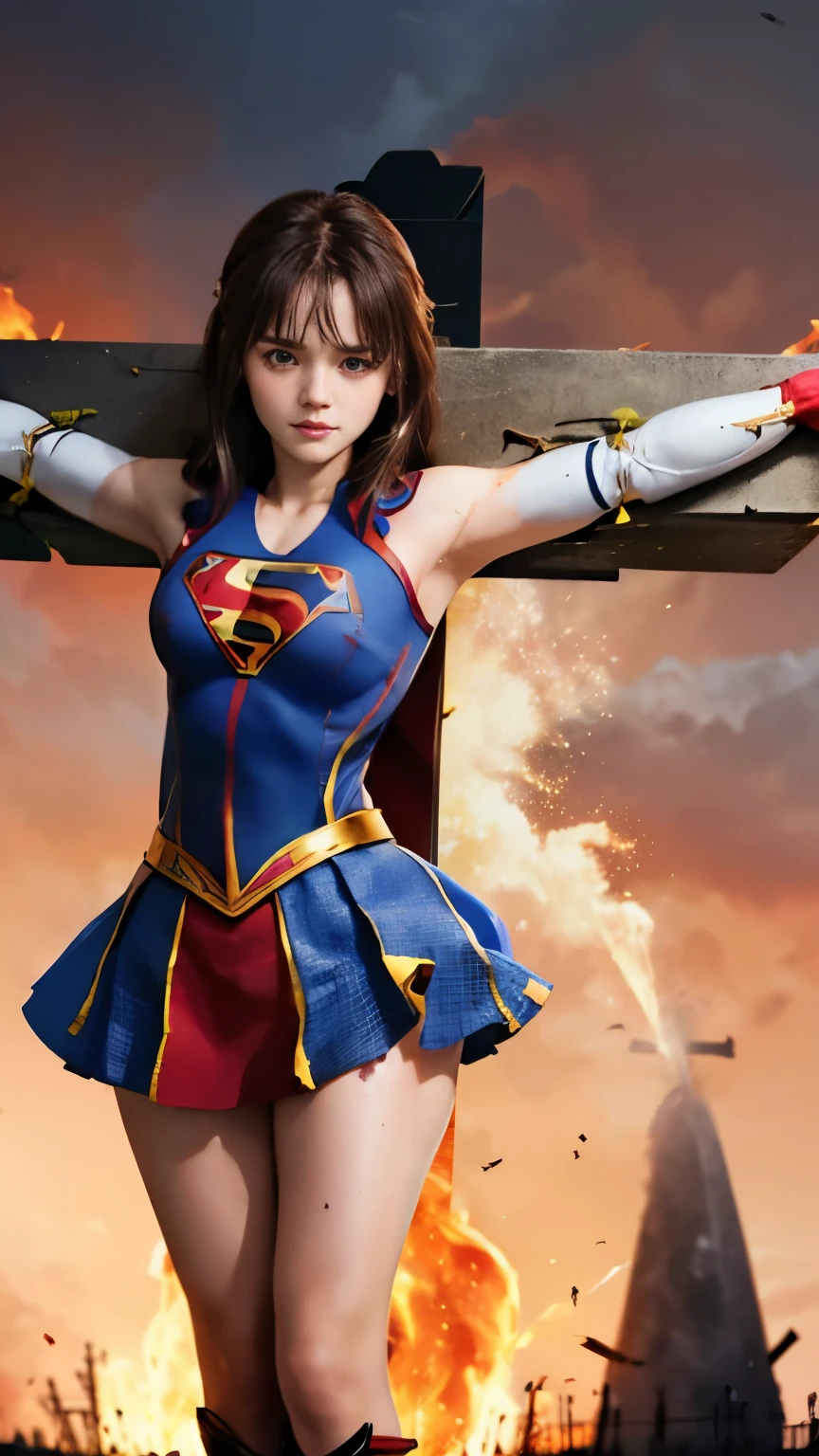 highest quality，masterpiece，UHD, Super detailed, 8K，(Beautiful woman)，(一人のBeautiful woman)，((crucifixion:1.5))，(((cross)))，(execution)，((incontinence))，scared，torture，slave，((crossにcrucifixionにされた女性：1.5)),crucifixion刑，((supergirl:1.5))，blue suit，Superman logo on chest，red skirt，red boots，((torn costume：1.5))，((Tearing of clothes：1.5))，(tattered clothes：1.5)，Beaten face，顔にtraces of being beaten，((bruises on body))，scars on body，injured face and body，(Bruise, dirty, torn clothes, revealing clothes, Blood:1.3)，traces of being beaten，Defeated heroine，a devastated world，ruins，abandoned building，(burning at the stake)，((roasted over fire：1.2))，inflammation，(inflammationに包まれている)，足下にinflammation，NSFW