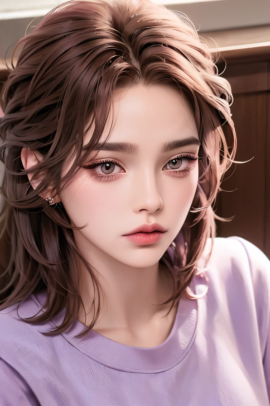 Girl, long brown hair, gray eyes, sharp features, white skin, pink lips, wavy hairstyle, purple t-shirt, sweater