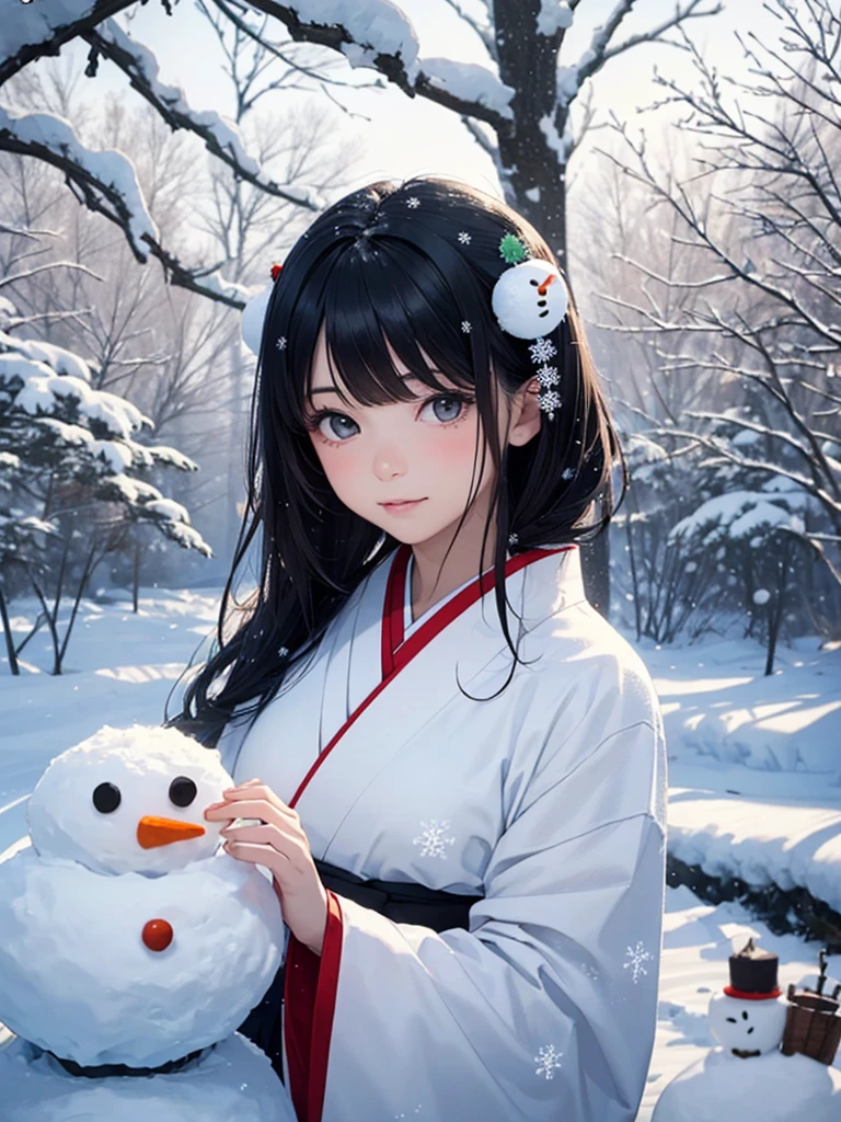 Masterpiece, Realistic, Top Quality, Full Body, Black Ultra Long Hair, (((Beautiful Snow Woman)))), (Beautiful Snow Woman in Old Tales)))), (Japan white kimono and white obi with long red sleeves fluttering only the obi hanging, face pointing downward and narrowed eyes looking up at the viewer)), (((Black hair with snowflake hair ornament and snowman hair fastening)), 20 years old, (Plains in a blizzard)))), ( No headgear))), photorealistic, blur the background