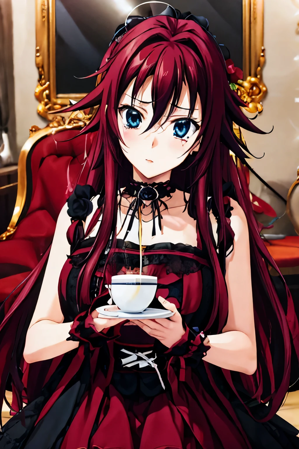 Rias Gremory como una  gotica y cabello negro, ojos cafes