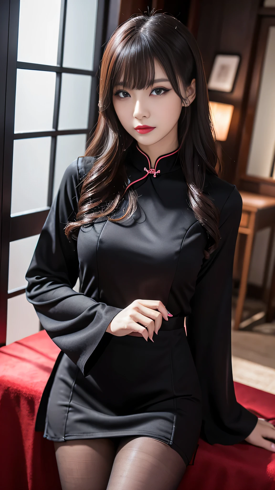 ltra-detailed、Japanese、attractive beauty、seductive adult woman、pretty woman、piercing eyes、cool girl、wavy hair、swept bangs、Long Black Cheongsam、wide sleeves、Tight Skirt、pantyhose、beautiful feet、Evil cadres、evil depravity、brainwash、mind control、lipstick、lip gloss、smirk、evil look、evil、empty eyes、evil、night walk、vampire、succubus、vampire、makeup brush、stand