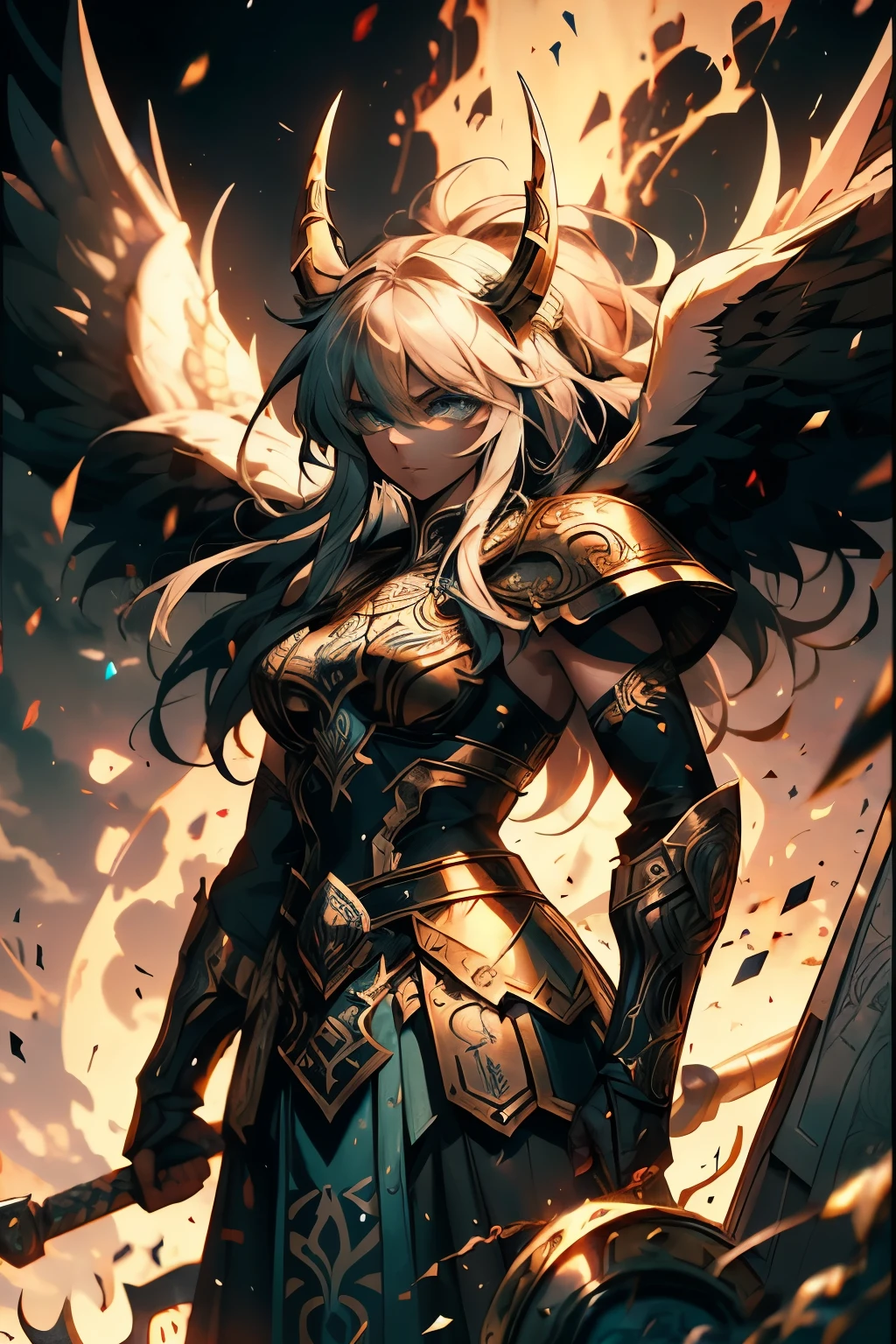 (norse mythology valkyrie), . Her hair is disheveled,  wonderful wonderful、complicated、meticulously detailed、A maximalist digital painting with a dramatic feel, iconography, lithograph, 