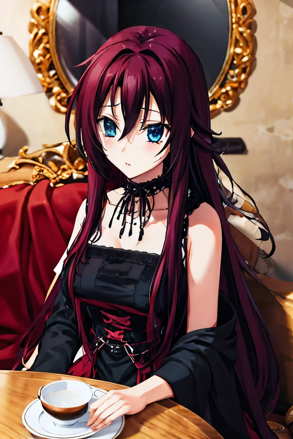 Rias Gremory como una  gotica y cabello negro, ojos cafes