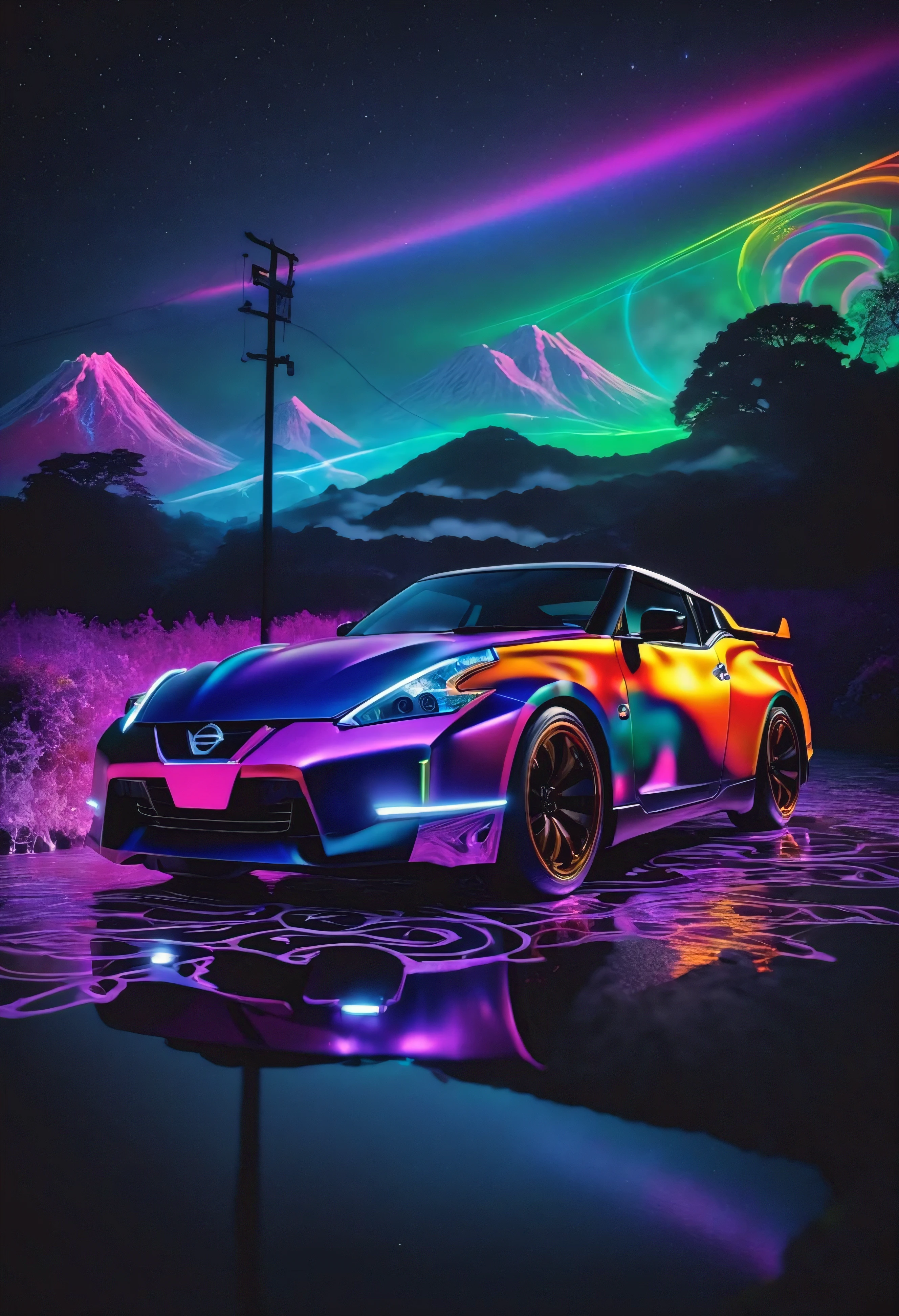 (Mejor calidad), (Arte de luz negra), (psychedelic trance), (((nissan fairladyｚ))), (dibujando con luz de colores) alta calidad, paisaje negro, luz que fluye, professional lighting, mapeo de fotones, Physically based representation,