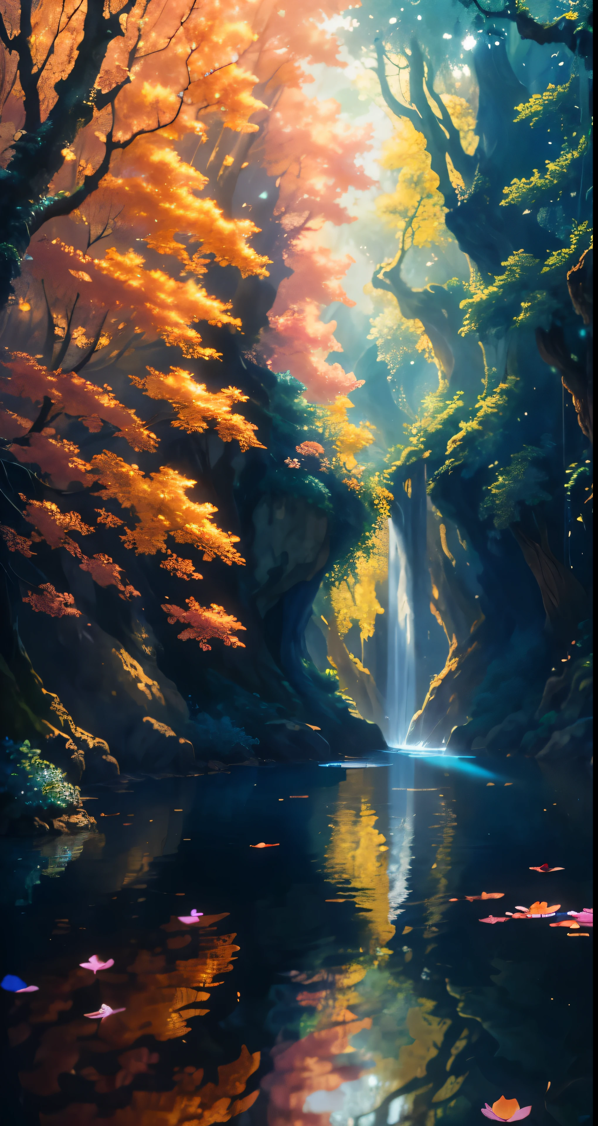 Masterpiece, Best Quality, (Exquisitely Detailed CG Unity 8K Wallpaper), (Best Illustration), (Best Shadows), Nature's Symphony, Blue Sea, Delicate leaves and petals of various colors, gracefully falling in the air, Light Tracking.
Imagine a breathtaking scene of a serene blue sea, with each wave glistening in the sun's early rays. Sunlight filters through the canopy of trees overhead, casting dappled shadows on the water. The leaves and petals drifting through the air are intricately detailed, their delicate hues of pink, orange, and yellow adding a vibrant touch to the scene
