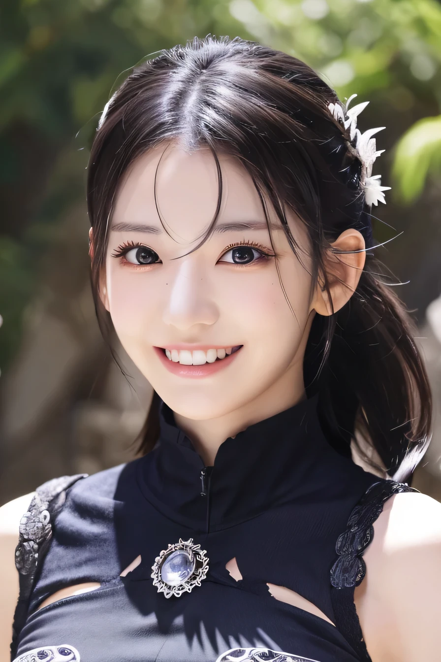 highest resolution, 4k, masterpiece: 1.3), japanese mature, women pictures, sexy, fine eyes, slender body shape, realistic teeth, double eyelid, full body, highest quality, get used to it, equipped with armor, in a fantasy world, The background is a castle、black hair、ear piercing、smile、beautiful teeth、open your mouth、full body photo、have a weapon