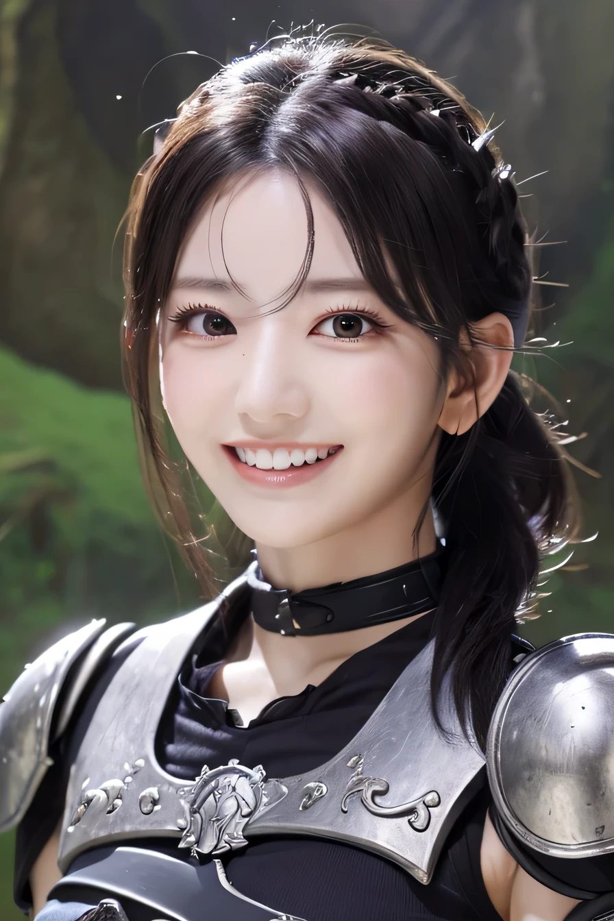 highest resolution, 4k, masterpiece: 1.3), japanese mature, women pictures, sexy, fine eyes, slender body shape, realistic teeth, double eyelid, full body, highest quality, get used to it, equipped with armor, in a fantasy world, The background is a castle、black hair、ear piercing、smile、beautiful teeth、open your mouth、full body photo、have a weapon