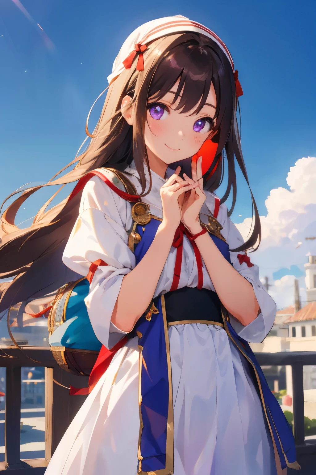 Arab national costume、traveler's clothes、traveling merchant、smile super high resolution, Super detailed, highest quality, brown long hair、red ribbon、red-purple eyes、
1 girl, alone, nice hands, perfect hands,Smile, smile, closed mouth,cuteポーズ, cowboy shot,
thin, cute, perfectly symmetrical face, 超cute girl, 超cute face, highly detailed eyes, Super detailedな髪, 超cute, super beautiful,
Made by Canon EOS, SIGMA Art Lens 35mm F1.4, ISO200 Shutter speed 2000,