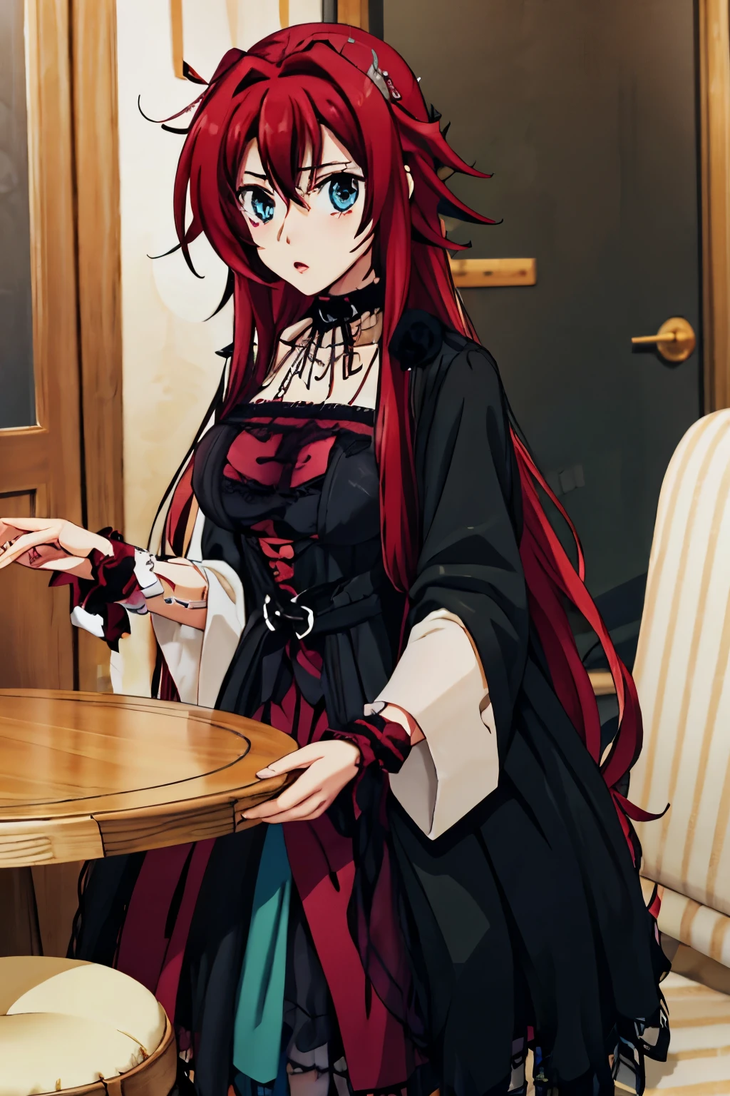 Rias Gremory como una  gotica y cabello negro, ojos cafes