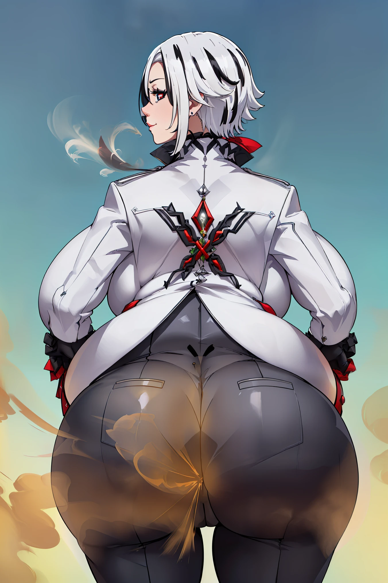 (top-quality, in 8K, 32K, masterpiece, A high resolution, Impressionism, Photorealsitic:1.2, anime style), (((((detailed faces and eyes, beautiful face, black eyes, red x-shaped pupils, cold expression))))), (((Masterpiece, 1 mature female, solo, Arlecchino, white and grey jacket with long sleeves, black trousers, high collar, formal suit, white hair with black streaks, black gloves))), Cinematic, (((( big belly, massive breast, massive ass)))) 4k, fantasy world ((((fart, farting, massive fart, back view)))),(((happy)))