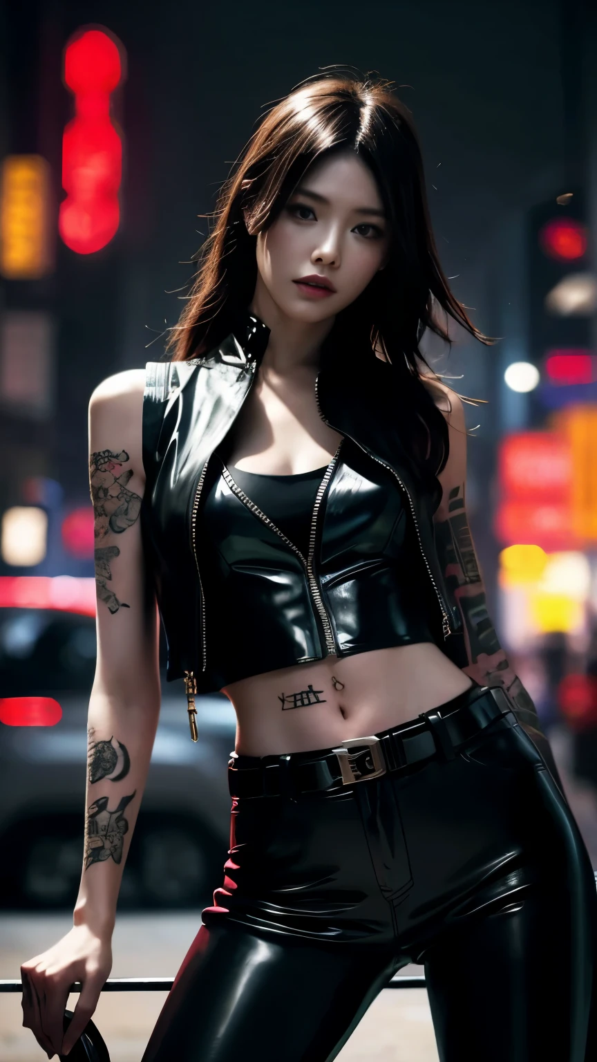 (highest quality)，masterpiece，Super detailed，8K, UHD，Beautiful woman，japanese woman，No expression，whole body，((tattoo))，slim，black leather pants，black leather vest，(female mafia)，gangster，(cyberpunk city)，night，cinematic lightening，underworld