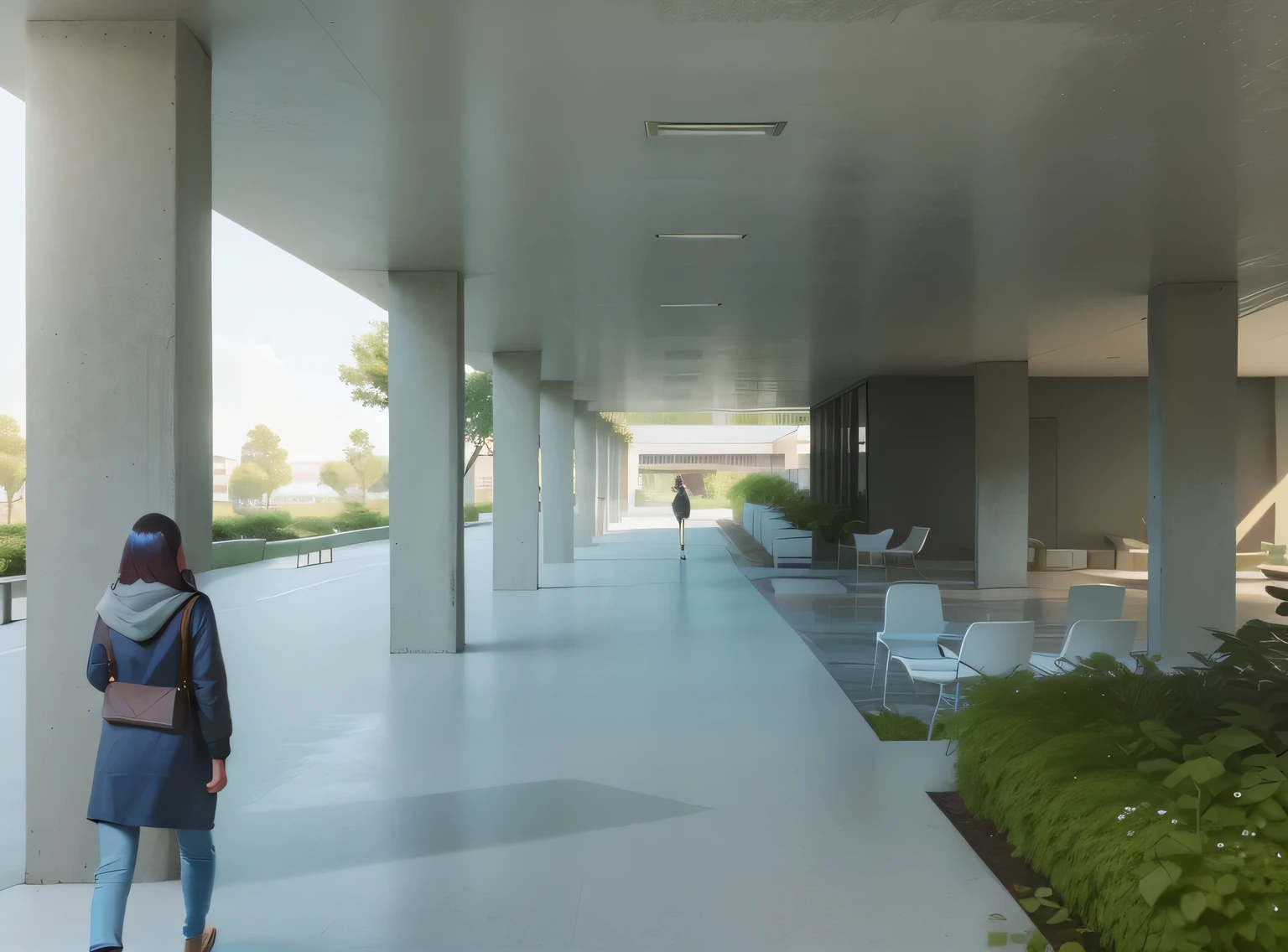 there is a woman walking down a walkway in a building, architectural render, ground level view, ground-level view, ground - level view, architectural rendering, architecture render, perspective view, architectural visualisation, detailed rendering, digital rendering, professional render, detail render, green terrace, photographic render, architectural visualization, low angle dimetric rendering, ground perspective; detailed