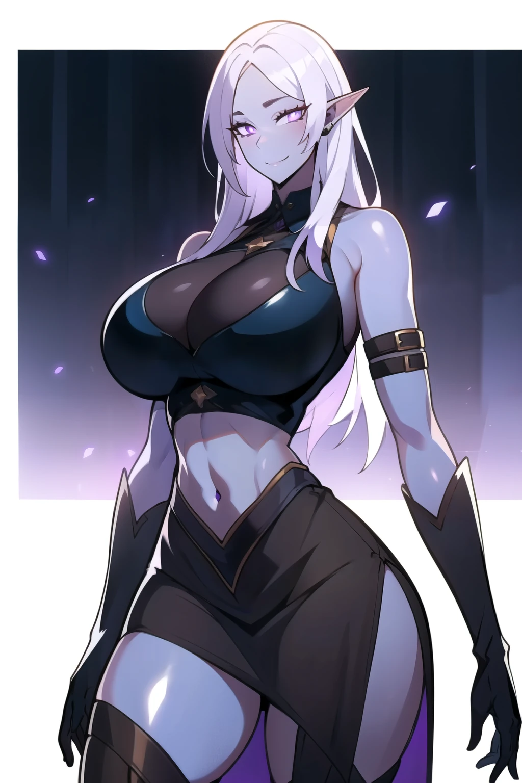 masterpiece, best quality, absurdres, 8k, perfect shadows,perfect lighting,hdr, cowboy shot,shiny skin,skindentation, beautiful body, kafka, ((white hair: 1.4)), long hair, (violet eyes: 1.4), (crop top, underboob, elbow gloves, thigh boots, split skirt, bare shoulders, curvy, midriff, curvy, thighs, higheels, shiny clothes), complex detailed background, inside, luxury palace) (gigantic breasts,hourglass body, thin waist,very slim waist)extremely detailed face,detailed eye makeup, detail face, nice detailed eyes,nice hands, perfect hands (realistic pupils,realistic iris:1) heavy eye makeup,glowing eyes, Bright eyes,standing,standing at attention,(seductive smile), gigantic breasts, curvy, cowboy shot, (( blue skin: 1.1)), long elf ears