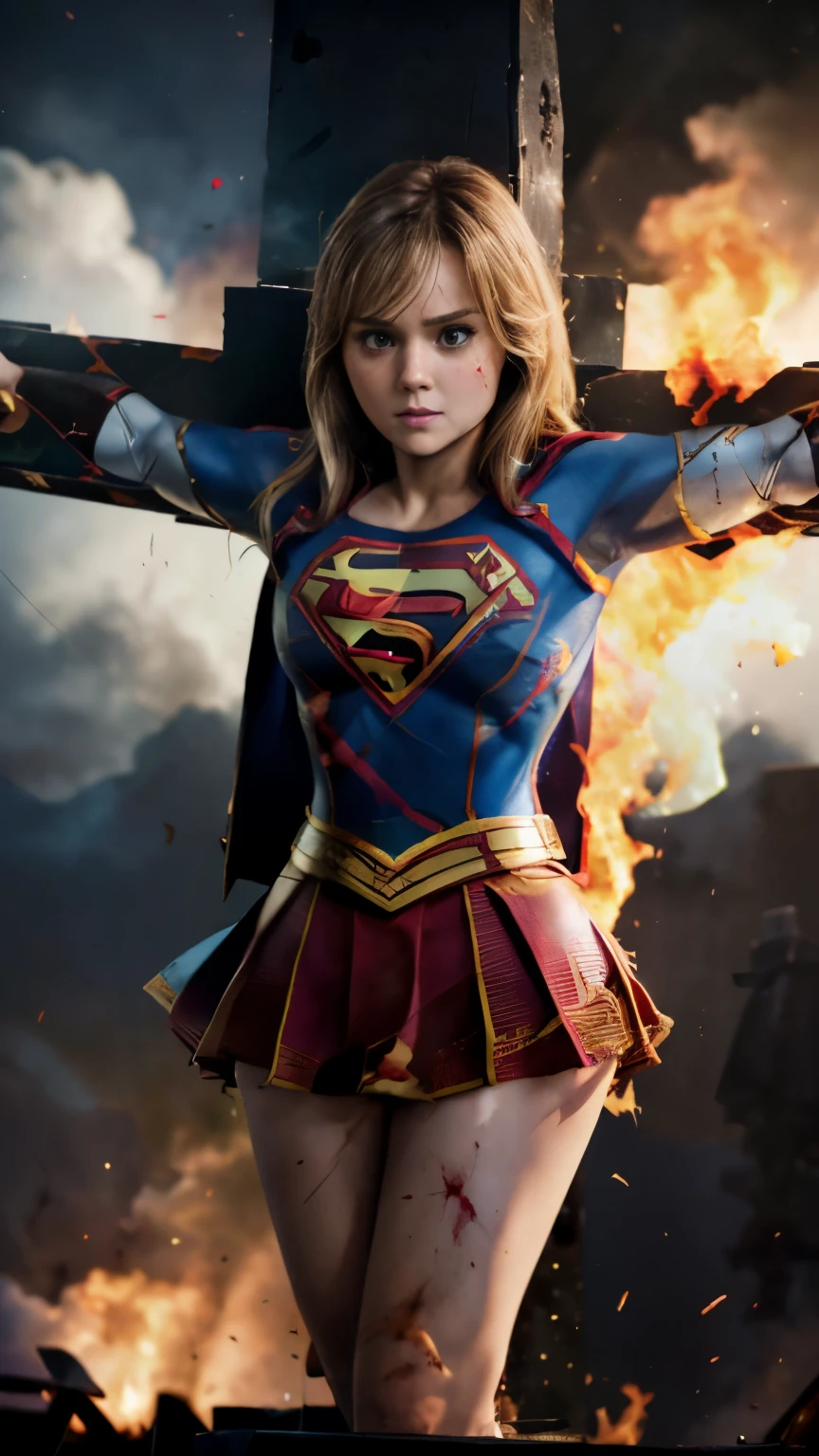 highest quality,masterpiece,UHD, Super detailed, 8K,(Beautiful woman),(一人のBeautiful woman),((crucifixion:1.5)),(((cross))),(execution),((incontinence)),scared,torture,slave,((crossにcrucifixionにされた女性:1.5)),crucifixion刑,((supergirl:1.5)),blue suit,Superman logo on chest,red skirt,red boots,((torn costume:1.5)),((Tearing of clothes:1.5)),(tattered clothes:1.5),Beaten face,顔にtraces of being beaten,((bruises on body)),scars on body,injured face and body,(Bruise, dirty, torn clothes, revealing clothes, Blood:1.3),traces of being beaten,Defeated heroine,a devastated world,ruins,abandoned building,(burning at the stake),((roasted over fire:1.2)),inflammation,(inflammationに包まれている),足下にinflammation,NSFW