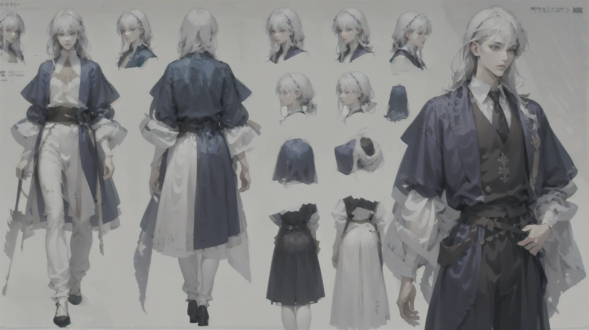 ((Best quality)), ((masterpiece)), (detailed), ((light skinned male 30 years old)), Adult male, light skin, white skin, ((male)), gray with blue eyes, white hair, (long hair), straight hair, anime style, 4k image, full body, ( white background), regular background, full background, character sheet, full body from the front, full-length from the back, Handsome man. angular face, tall, slender body. Character Design Sheet, All Detailed Parts, Front View, Back View, Aristocratic Clothes, Fantasy Clothes, Aristocratic Clothes, Male Clothes, Perfume, Detailed Face, Entire Character Design Sheet, Full of Details, Front View, Back View, Highly Detailed, Depth, face expression turned out to be a guy, male,