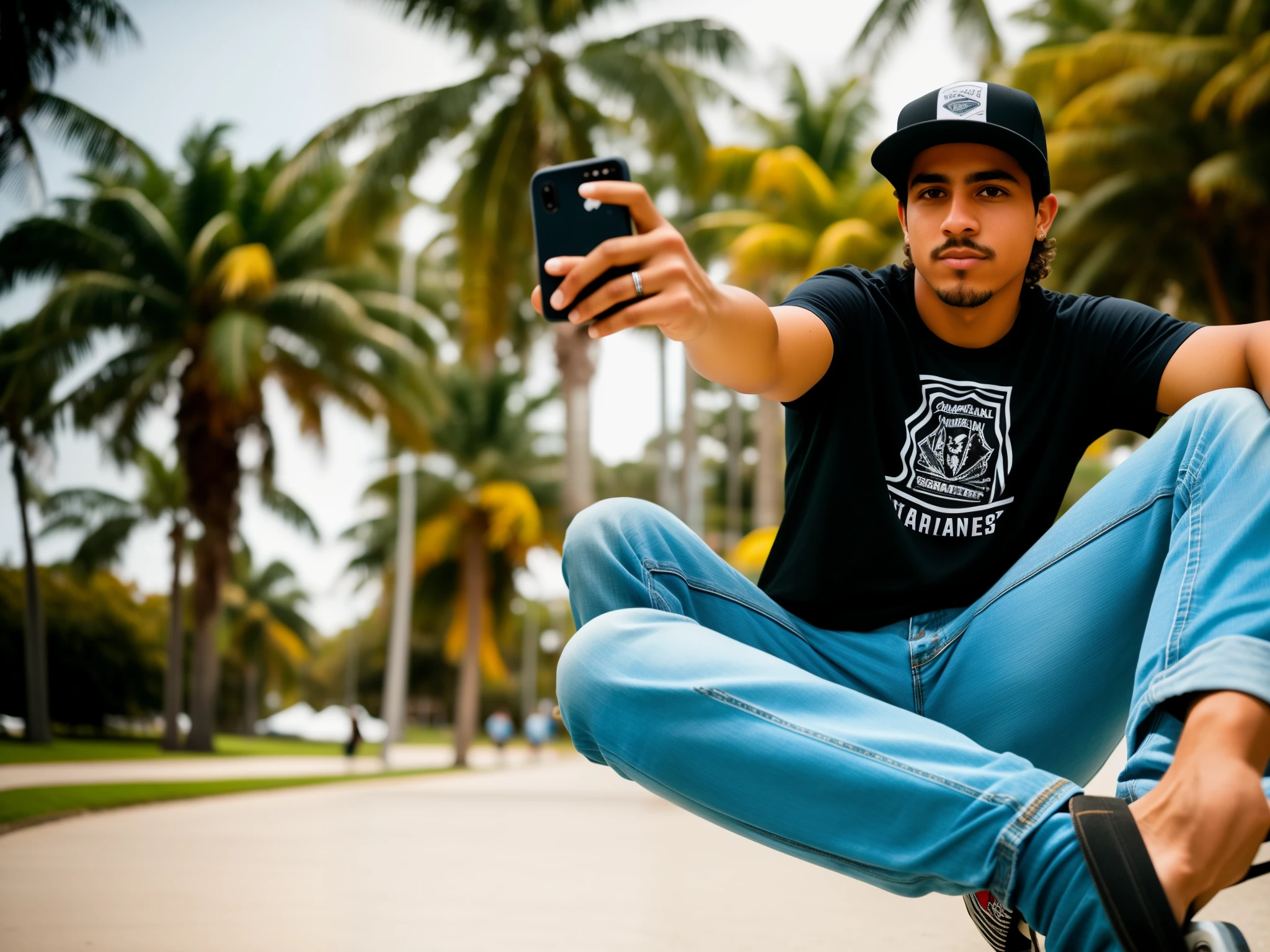 Um jovem bonito com estilo skatista, cabelos desgrenhados e loiros, olhos expressivos. Camiseta preta estampada, jeans ripped at the knees. Relaxed pose, segurando um skate com habilidade. Foto tirada com iPhone, selfie em um parque de skate. Alta qualidade, enquadramento centralizado, sharp focus. natural lighting, sombras suaves. Detalhes intrincados, realismo impressionante. Authentic skater style, sem censura. A high definition photographic masterpiece.