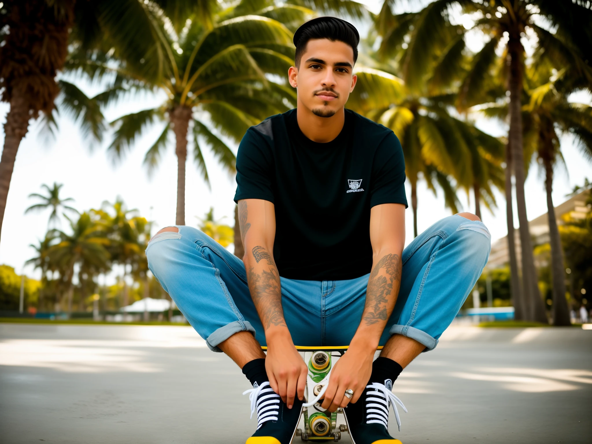 Um jovem bonito com estilo skatista, cabelos desgrenhados e loiros, olhos expressivos. Camiseta preta estampada, jeans ripped at the knees. Relaxed pose, segurando um skate com habilidade. Foto tirada com iPhone, selfie em um parque de skate. Alta qualidade, enquadramento centralizado, sharp focus. natural lighting, sombras suaves. Detalhes intrincados, realismo impressionante. Authentic skater style, sem censura. A high definition photographic masterpiece.