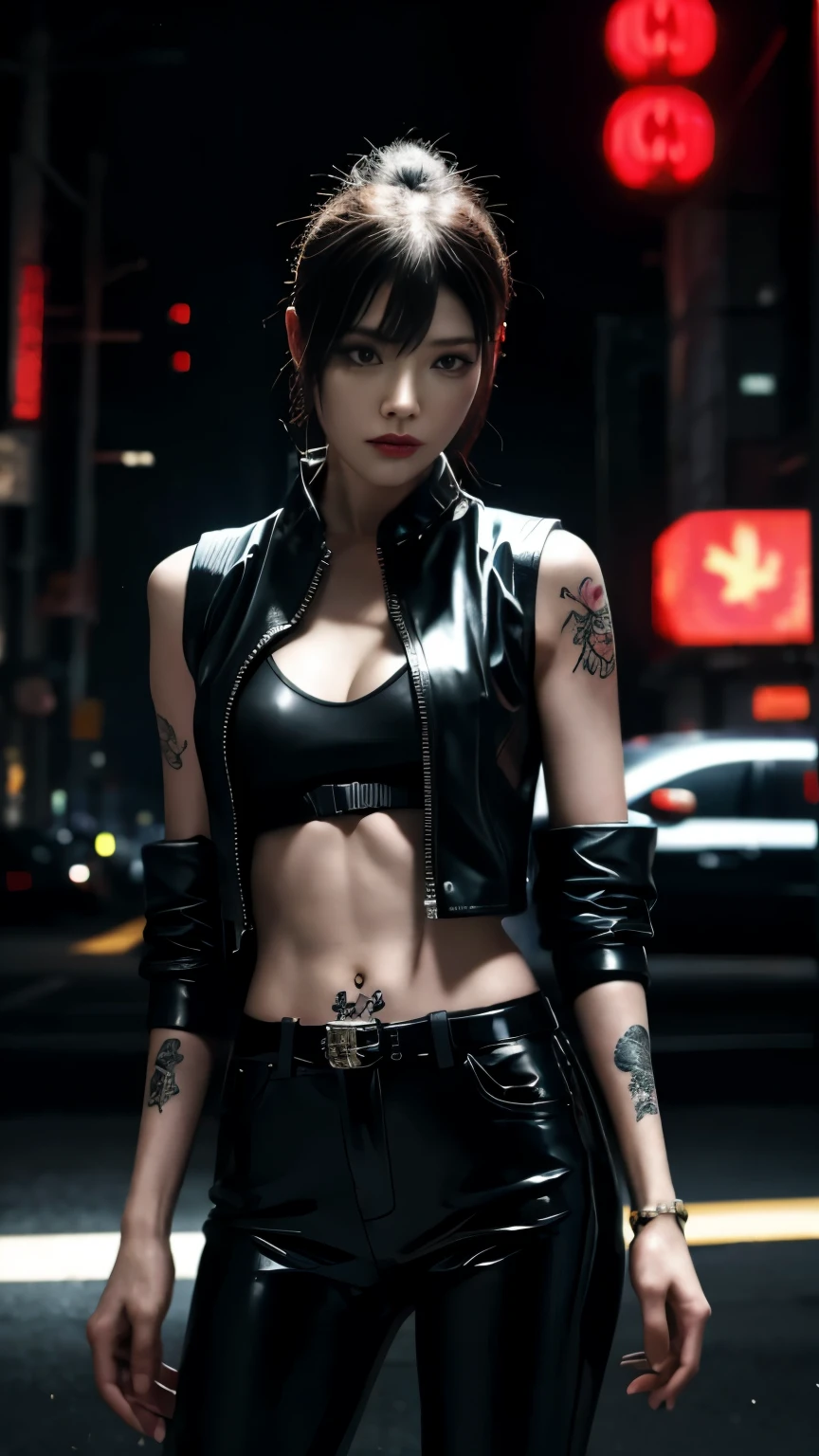 (highest quality)，masterpiece，Super detailed，8K, UHD，Beautiful woman，japanese woman，No expression，whole body，((tattoo))，slim，black leather pants，black leather vest，(female mafia)，gangster，(cyberpunk city)，night，cinematic lightening，underworld