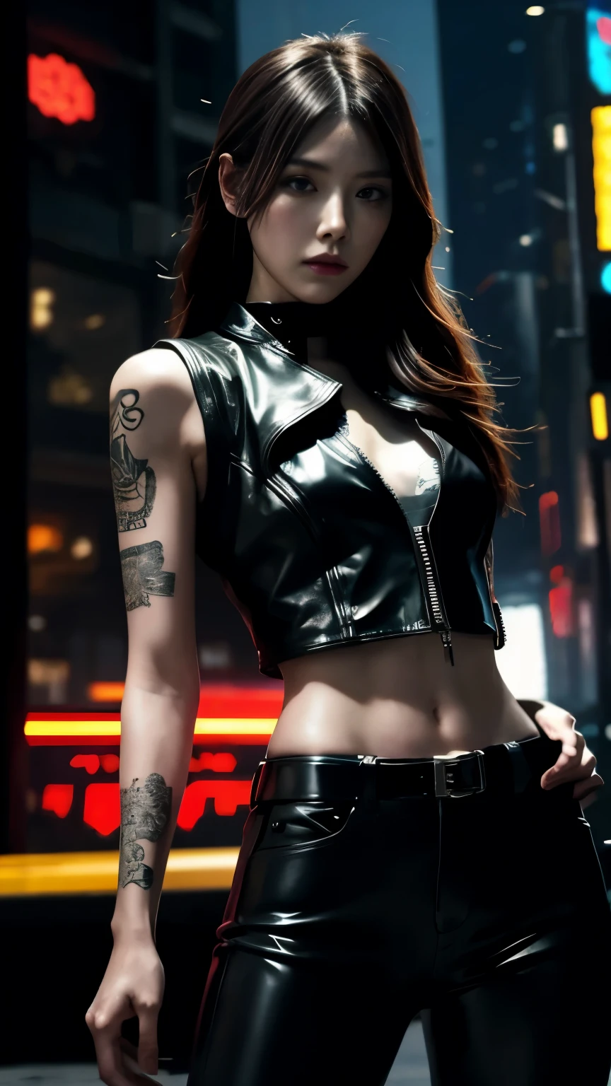 (highest quality)，masterpiece，Super detailed，8K, UHD，Beautiful woman，japanese woman，No expression，whole body，((tattoo))，slim，black leather pants，black leather vest，(female mafia)，gangster，(cyberpunk city)，night，cinematic lightening，underworld