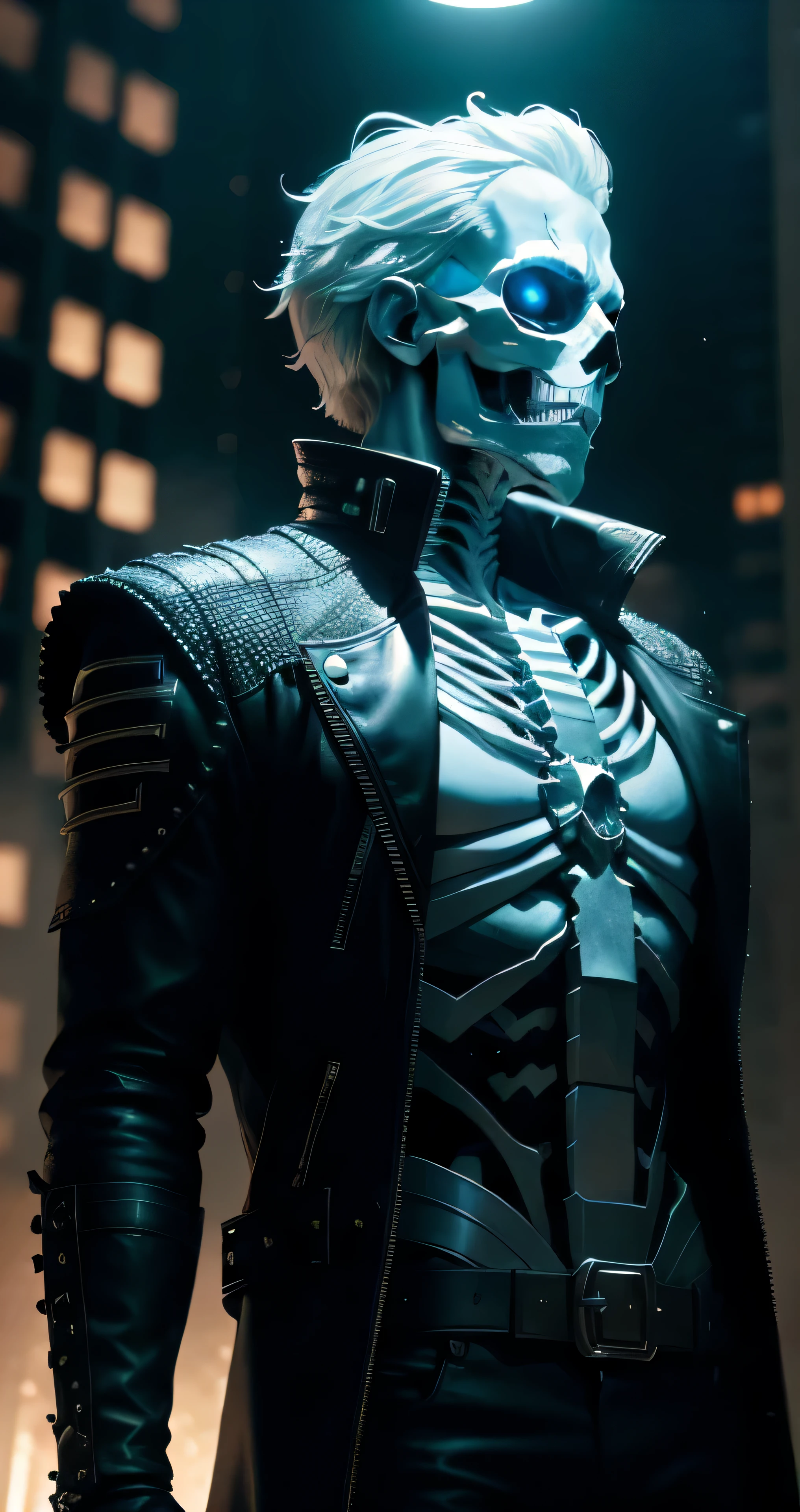 Hyper-realistic Skeleton King with lifelike textured bones, glowing in dramatic lighting (best quality: 1.1), raising his bony hand against a deep-blue night sky. The depth of field is narrow, focusing on the King in a futuristic cyberpunk city. The scene is illuminated with HDR, casting broad light and creating high contrast. Backlighting illuminates the King from behind, creating light sparkles and bloom around his silhouette. Chromatic aberration adds a surreal touch to the scene, and the sharp focus captures the intricate details of his clothing and the leather jacket of an onlooking, awe-stricken on