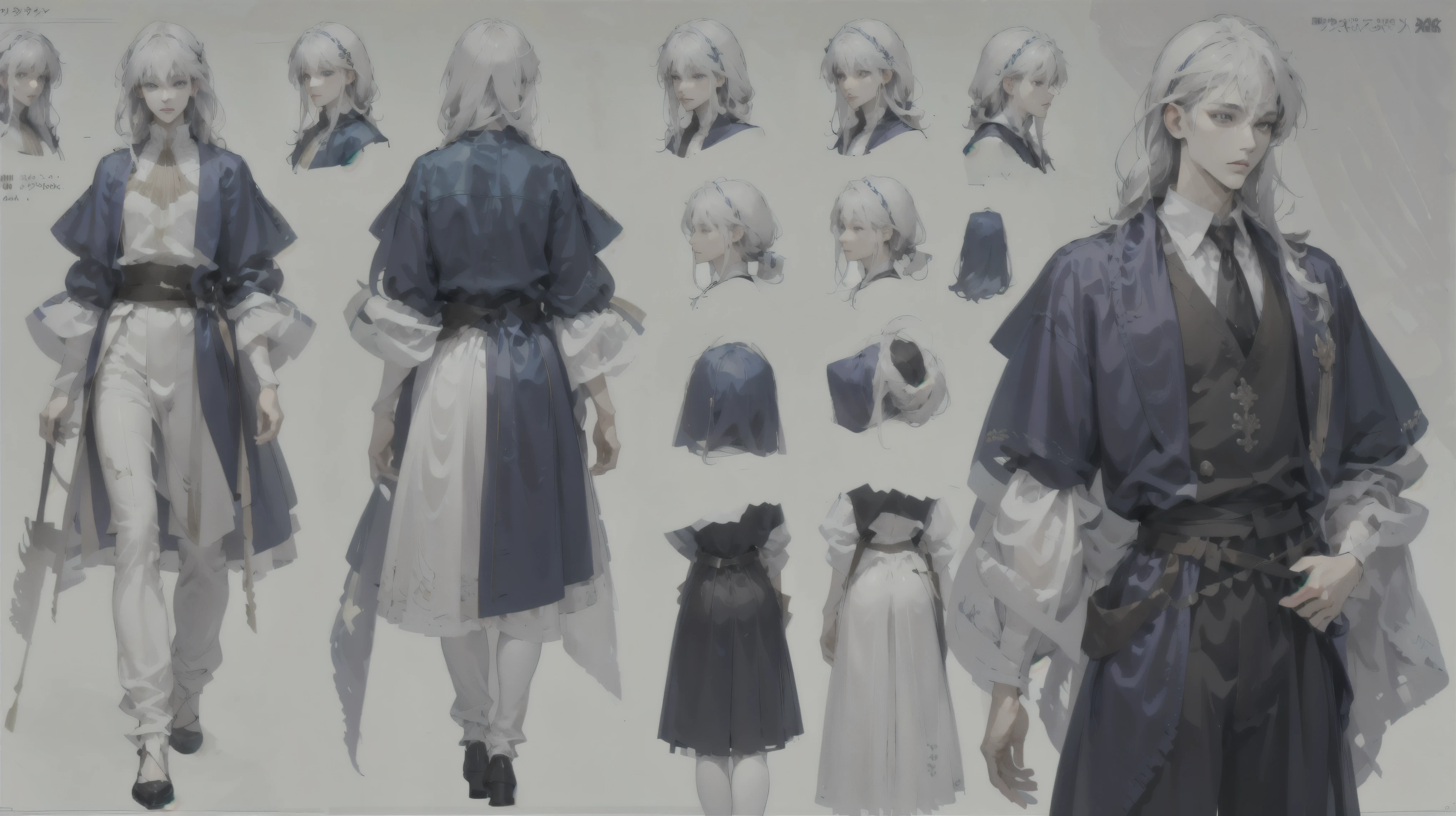 ((Best quality)), ((masterpiece)), (detailed), ((light skinned male 30 years old)), Adult male, light skin, white skin, ((male)), gray with blue eyes, white hair, (long hair), straight hair, anime style, 4k image, full body, ( white background), regular background, full background, character sheet, full body from the front, full-length from the back, Handsome man. angular face, tall, slender body. Character Design Sheet, All Detailed Parts, Front View, Back View, Aristocratic Clothes, Fantasy Clothes, Aristocratic Clothes, Male Clothes, Perfume, Detailed Face, Entire Character Design Sheet, Full of Details, Front View, Back View, Highly Detailed, Depth, face expression turned out to be a guy, male,