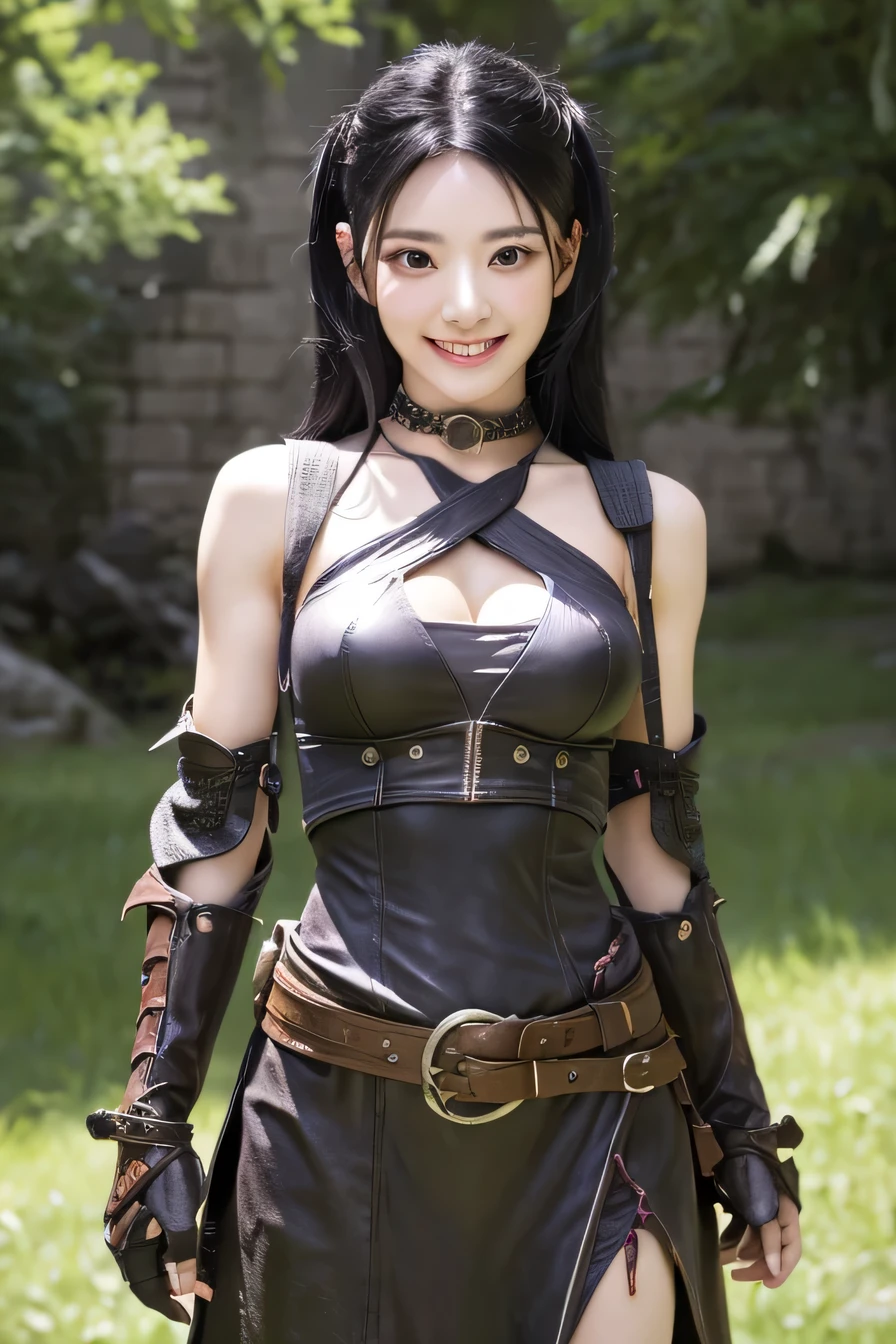 highest resolution, 4k, masterpiece: 1.3), japanese mature, women pictures, sexy, fine eyes, slender body shape, realistic teeth, double eyelid, full body, highest quality, get used to it, equipped with armor, in a fantasy world, The background is a castle、black hair、ear piercing、smile、beautiful teeth、open your mouth、full body photo、have a weapon

