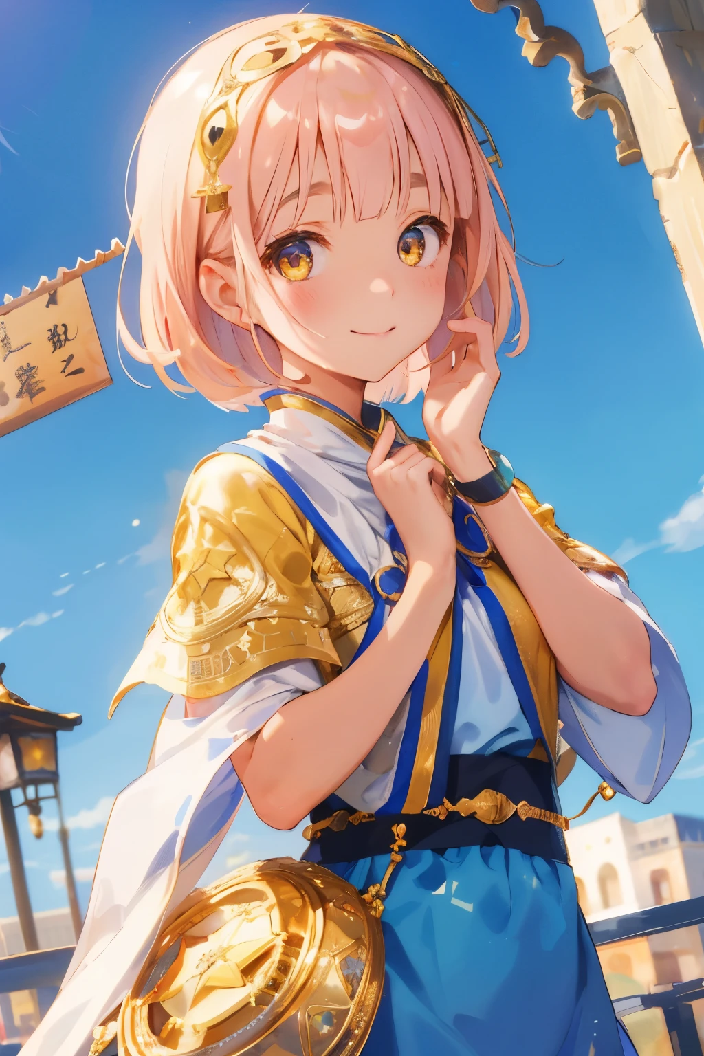 Arab national costume、traveler's clothes、traveling merchant、smile super high resolution, Super detailed, highest quality, yellow eyes、 pink gold short bob、bangs above the eyebrows、short bangs、
1 girl, alone, nice hands, perfect hands,Smile, smile, closed mouth,cuteポーズ, cowboy shot,
thin, cute, perfectly symmetrical face, 超cute girl, 超cute face, highly detailed eyes, Super detailedな髪, 超cute, super beautiful,
Made by Canon EOS, SIGMA Art Lens 35mm F1.4, ISO200 Shutter speed 2000,