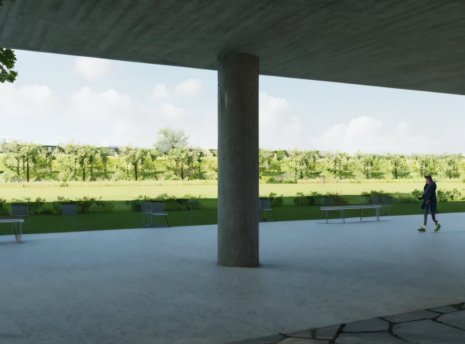 there is a woman walking in a park with benches and a tree, ground-level view, ground - level view, green terrace, detail render, ground level view, architectural render, architecture render, detailed rendering, very detailed render, architectural visualisation, photographic render, perspective view, highly photographic render, rendered in enscape, very realistic render, 3d finalrender