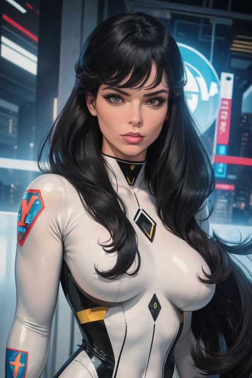 Best quality, 8K, woman retro super hero futurism, beautiful and detailed face, black straight long hair, bangs,big eyelashes,LOOKING TO observer,TRANSPARENT cristal LATEX leotard, metalic details, SKIN TONE pantyhose, sheer gloves,white neutral scenario