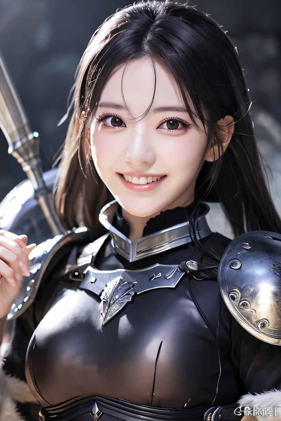 highest resolution, 4k, masterpiece: 1.3), japanese mature, women pictures, sexy, fine eyes, slender body shape, realistic teeth, double eyelid, full body, highest quality, get used to it, equipped with armor, in a fantasy world, The background is a castle、black hair、ear piercing、smile、beautiful teeth、open your mouth、full body photo、have a weapon

