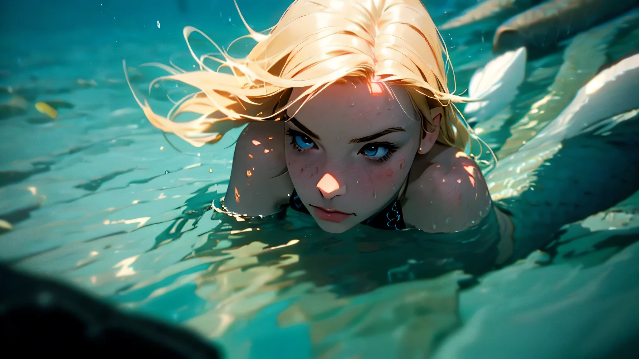 Hannah Hays, ultra-detailed face, (ultra detailed blue eyes), long platinum blonde wavy messy hair, (pink lace bikini), tropical water, pov, (((masterpiece)))