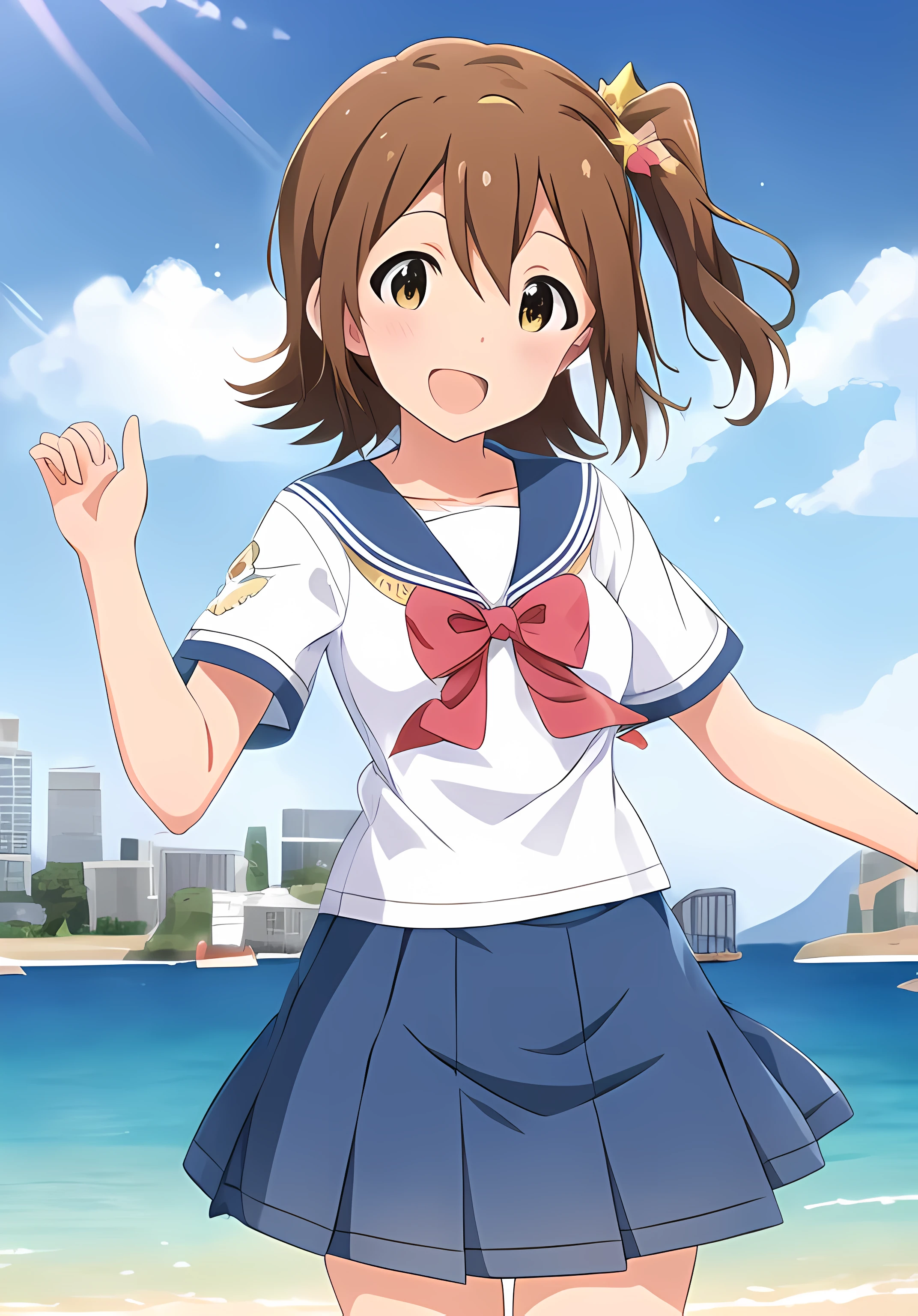 mirai kasuga (million live), shiny trinity \(costume\), (best quality, 8K, masterpiece, ultra detailed:1.2), sea, day, dappled sunlight, blue sky, beautiful clouds, gradient sky, boat, skyline, 
1girl, solo, skirt, smile, open mouth, v, looking at viewer, white sailor collar, blue shirt, sailor collar, blue skirt, pleated skirt, short sleeves, :d, shirt, , blush, serafuku, collarbone, bow, ribbon, blue bow, (star hairclip)