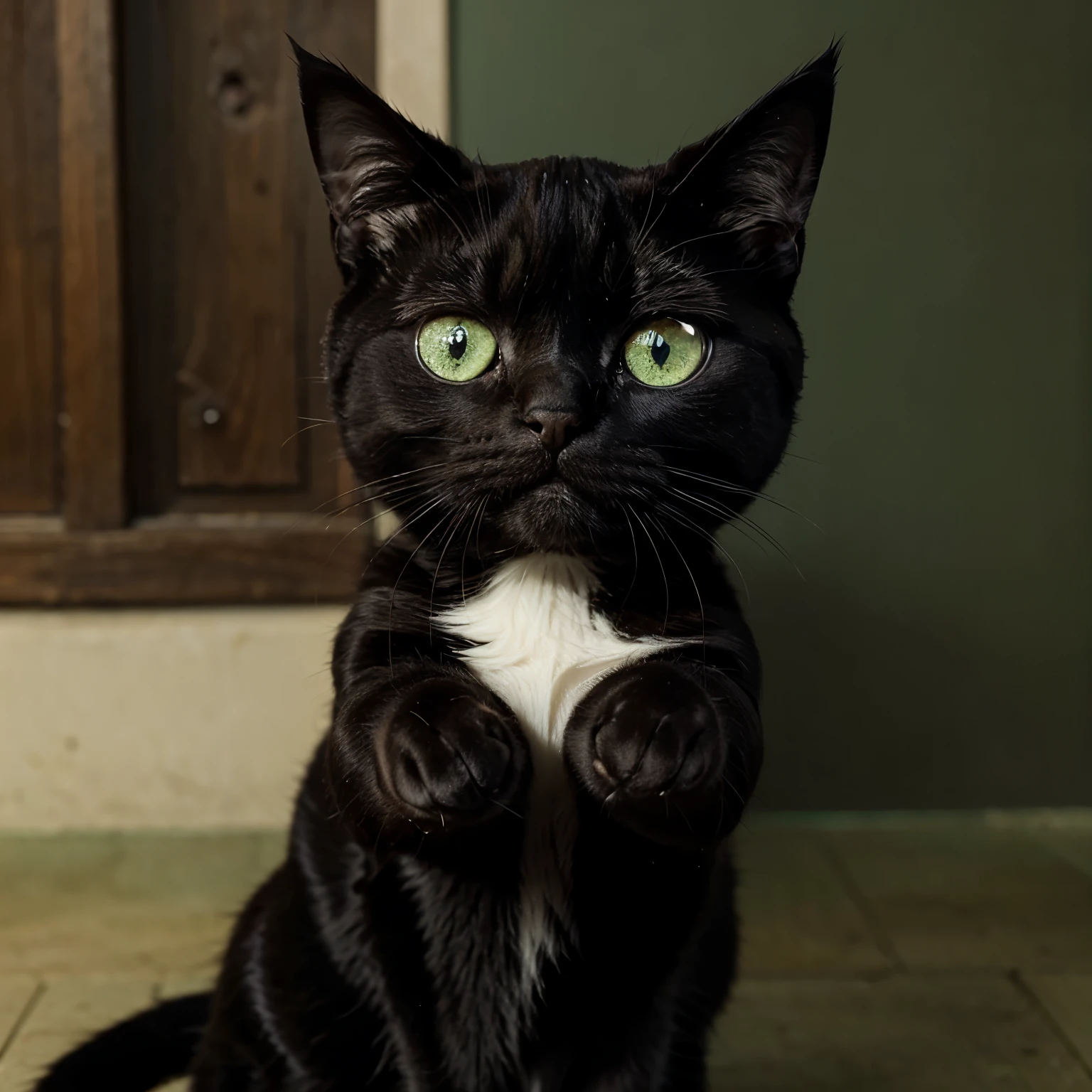 cats, that has one paw raised, saying you are the best, the cat is black, with green eyes, and cute, and hairy, and that it is cartoonish, like a doll, animated figure, cartoon
