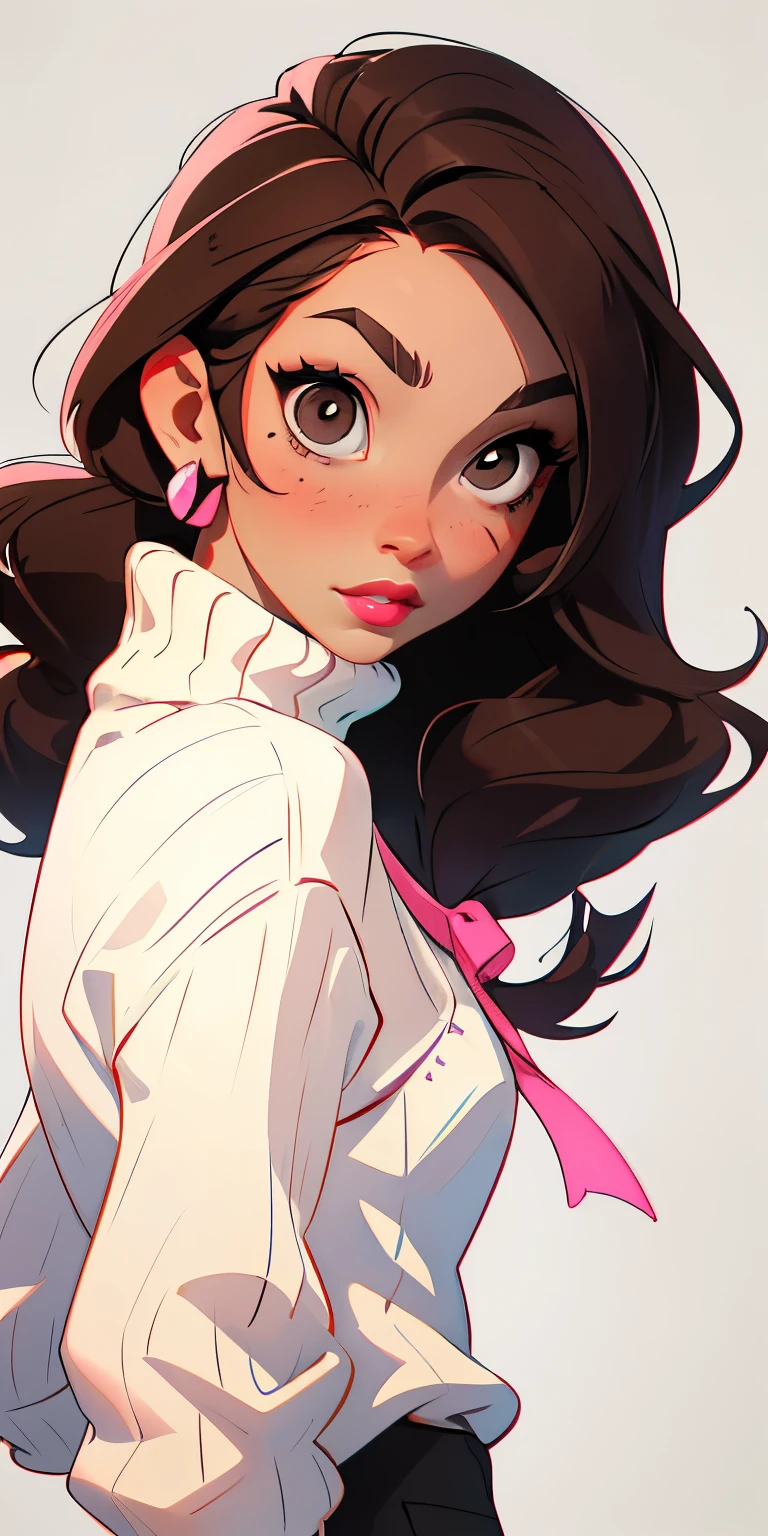 Girl, brown hair, gray eyes, sharp features, white skin, pink lips, sweater