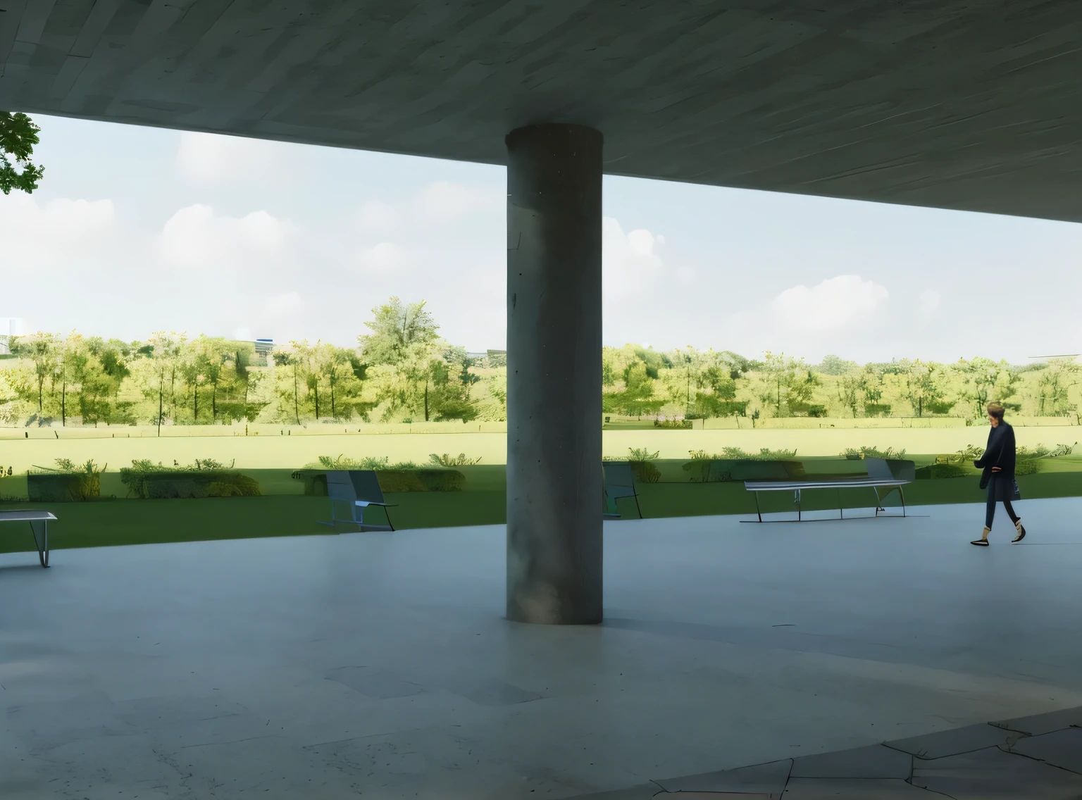 there is a woman walking in a park with benches and a tree, ground-level view, ground - level view, green terrace, detail render, ground level view, architectural render, architecture render, detailed rendering, very detailed render, architectural visualisation, photographic render, perspective view, highly photographic render, rendered in enscape, very realistic render, 3d finalrender