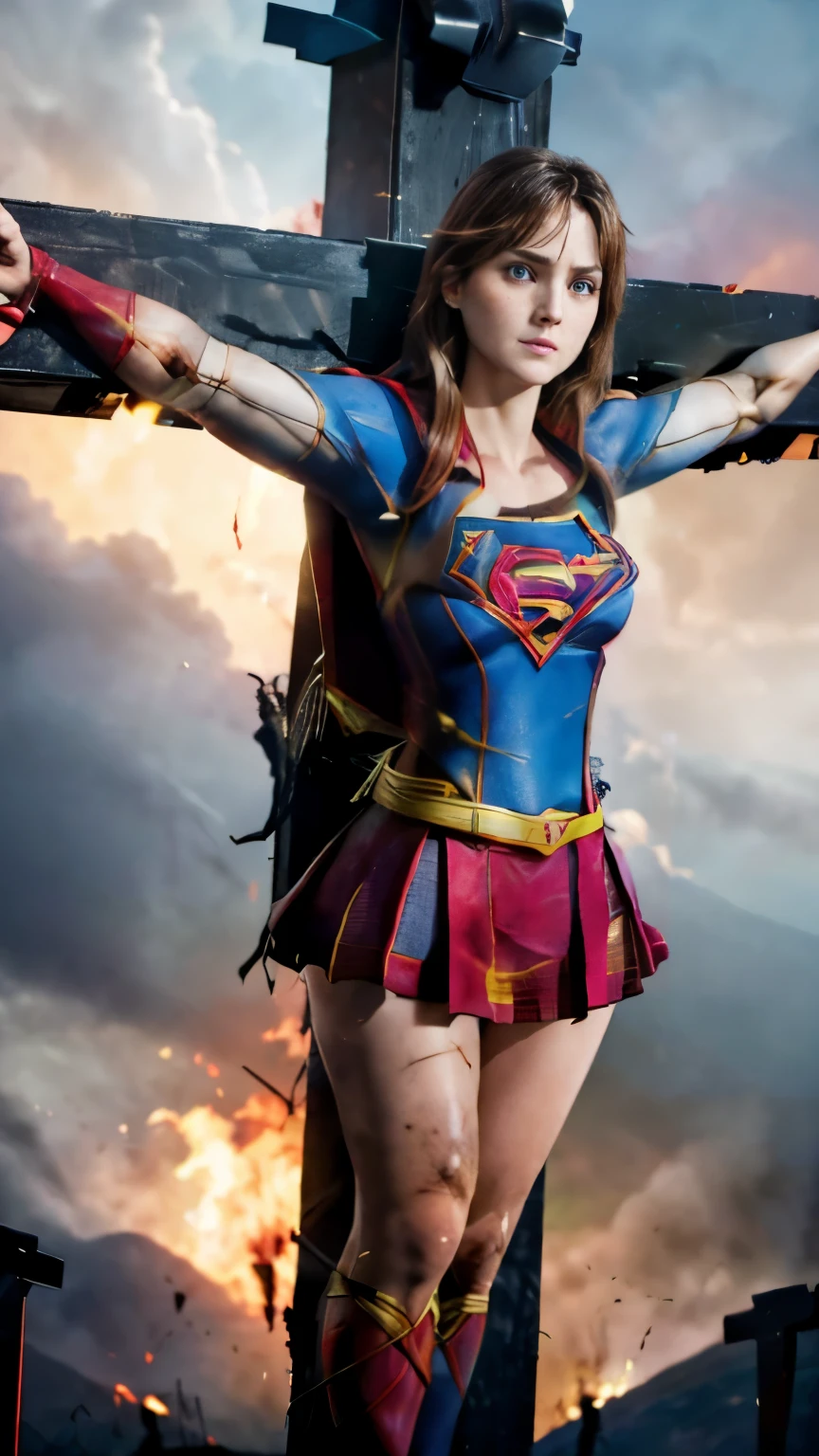 highest quality,masterpiece,UHD, Super detailed, 8K,realな質感,realな写真,real,(Beautiful woman),(一人のBeautiful woman),((crucifixion:1.5)),(((cross))),(execution),((incontinence)),scared,torture,slave,((crossにcrucifixionにされた女性:1.5)),crucifixion刑,((supergirl:1.5)),blue suit,Superman logo on chest,red skirt,red boots,((torn costume:1.5)),((Tearing of clothes:1.5)),(tattered clothes:1.5),Beaten face,顔にtraces of being beaten,((bruises on body)),scars on body,injured face and body,(Bruise, dirty, torn clothes, revealing clothes, Blood:1.3),traces of being beaten,Defeated heroine,a devastated world,ruins,abandoned building,(burning at the stake),((roasted over fire:1.2)),inflammation,(inflammationに包まれている),足下にinflammation,NSFW