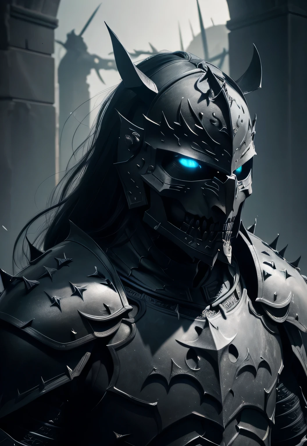 One Dark Knight, RAW, Dark Armor, Armor adorned with thorns, (Black tiger head helmet), wears a crown of thorns, Intense and detailed armor, 8K, Intricate Details, ancient, mounted a Skeleton horse, Hellscape all around, Film Grain, Masterpiece,