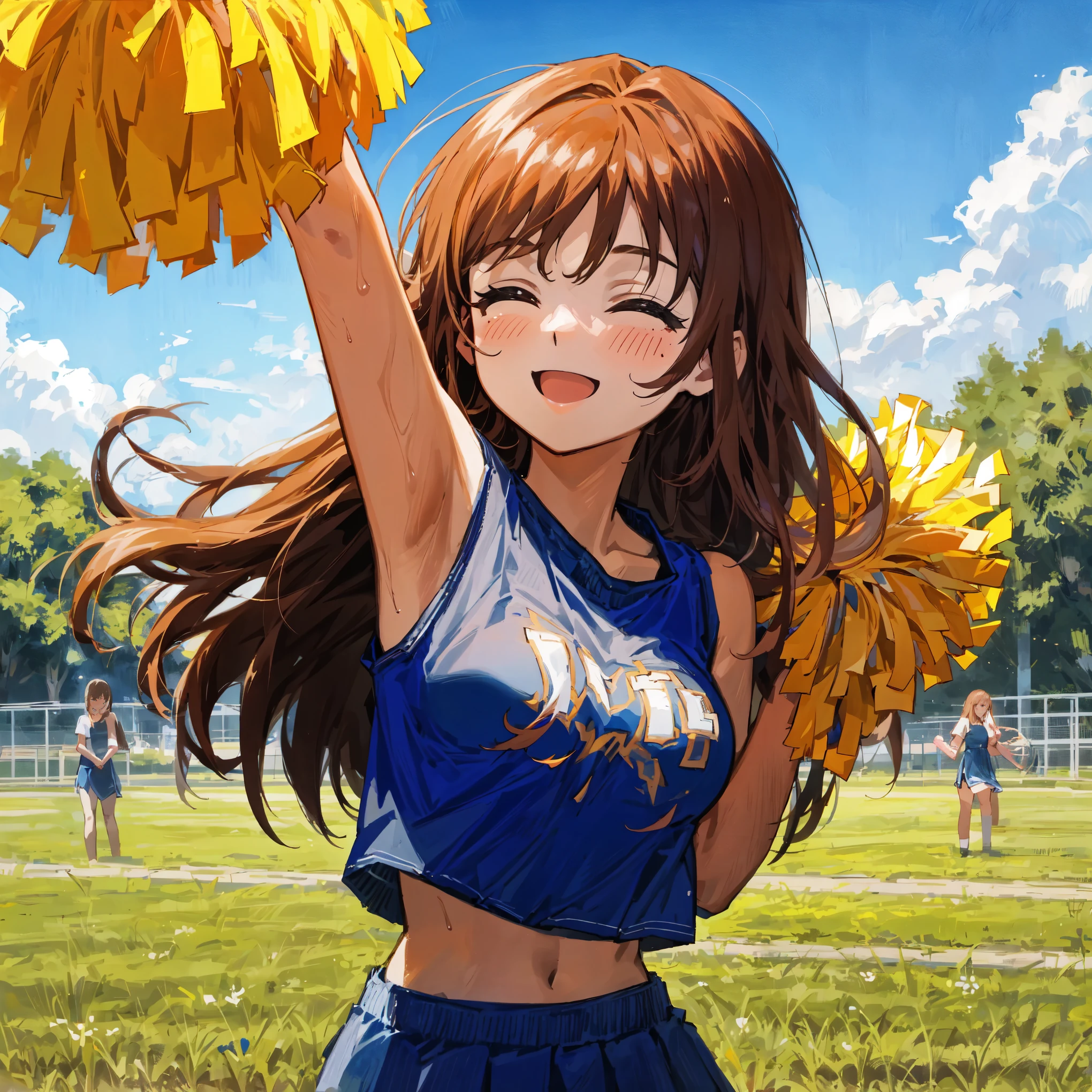 {{{bust up}}},schoolyard,Vigorously,smile,close both eyes,{{high quality spring scene, cheerleader:1.2}},side,brown medium long hair,{{look far away}},{masterpiece,best quality,illustration},17 years old,beautiful large and medium size breasts 1:4,16 years old,{{beautiful eye1:4}},high school girl