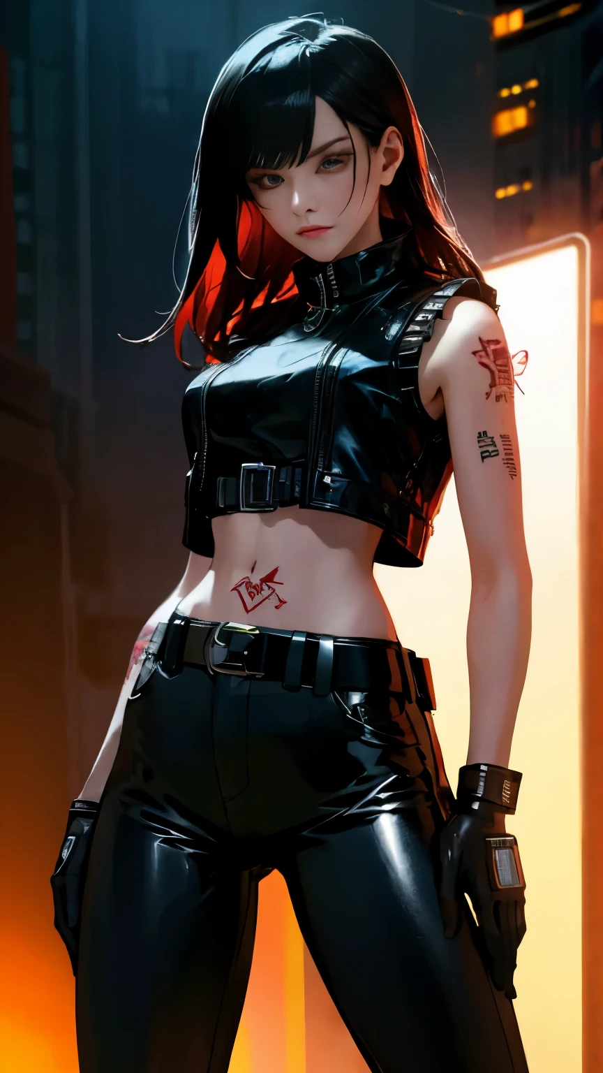 (highest quality)，masterpiece，Super detailed，8K, UHD，Beautiful woman，japanese woman，No expression，whole body，((tattoo))，slim，black leather pants，black leather vest，(female mafia)，gangster，(cyberpunk city)，night，cinematic lightening，underworld