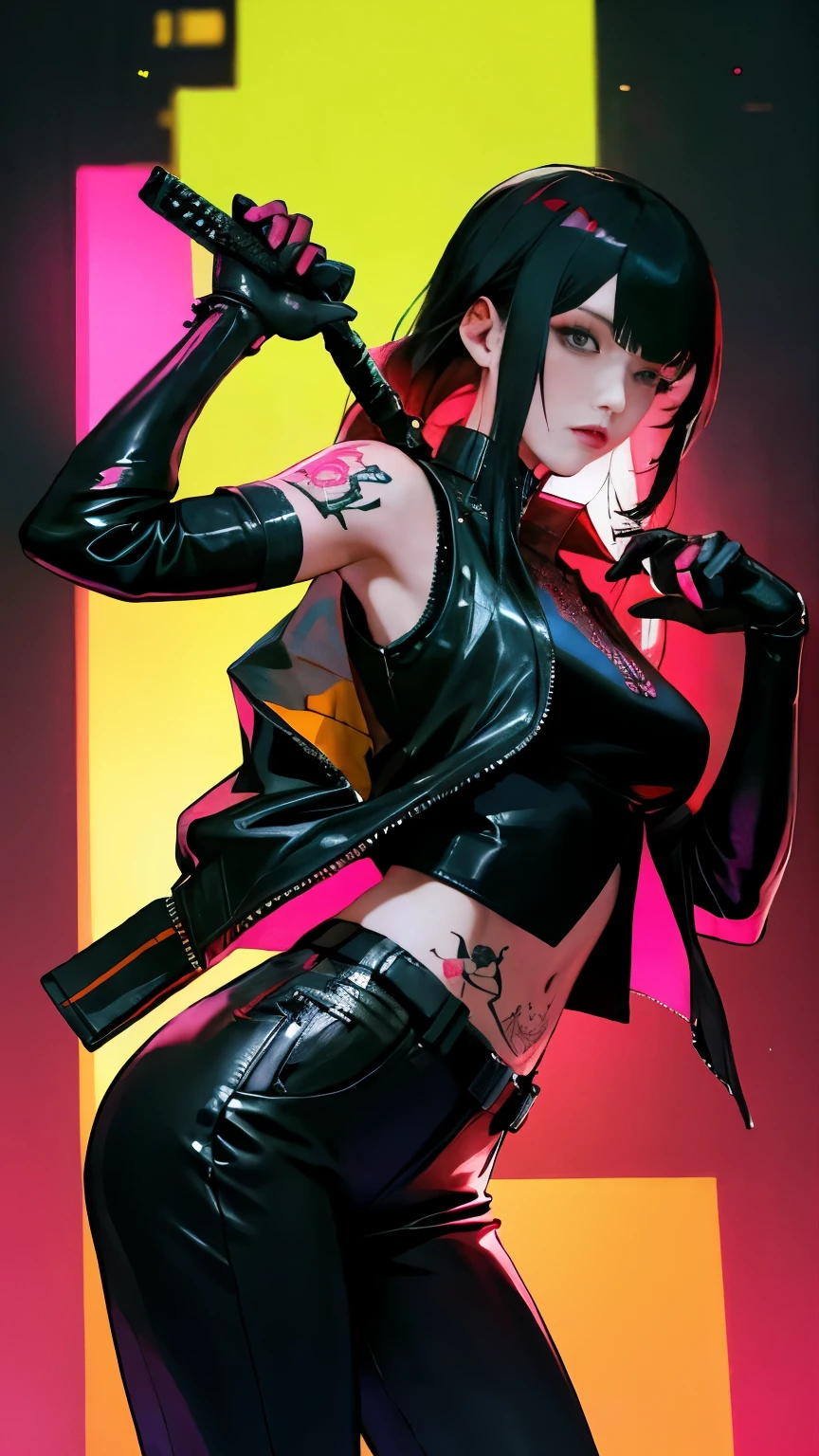 (highest quality),masterpiece,Super detailed,8K, UHD,Beautiful woman,japanese woman,No expression,whole body,((tattoo)),slim,black leather pants,black leather vest,(female mafia),gangster,(cyberpunk city),night,cinematic lightening,underworld