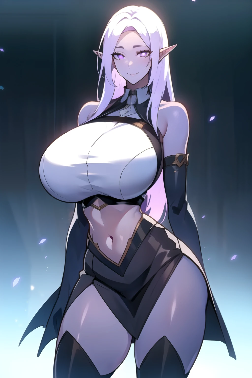 masterpiece, best quality, absurdres, 8k, perfect shadows,perfect lighting,hdr, cowboy shot,shiny skin,skindentation, beautiful body, kafka, ((white hair: 1.4)), long hair, (violet eyes: 1.4), (crop top, (underboob : 1.1), elbow gloves, thigh boots, split skirt, bare shoulders, curvy, midriff, curvy, thighs, higheels, shiny clothes), complex detailed background, inside, luxury palace) (gigantic breasts,hourglass body, thin waist,very slim waist)extremely detailed face,detailed eye makeup, detail face, nice detailed eyes,nice hands, perfect hands (realistic pupils,realistic iris:1) heavy eye makeup,glowing eyes, Bright eyes,standing,standing at attention,(seductive smile), (gigantic breasts: 1.1) , curvy, cowboy shot, (( blue skin: 1.1)), long elf ears