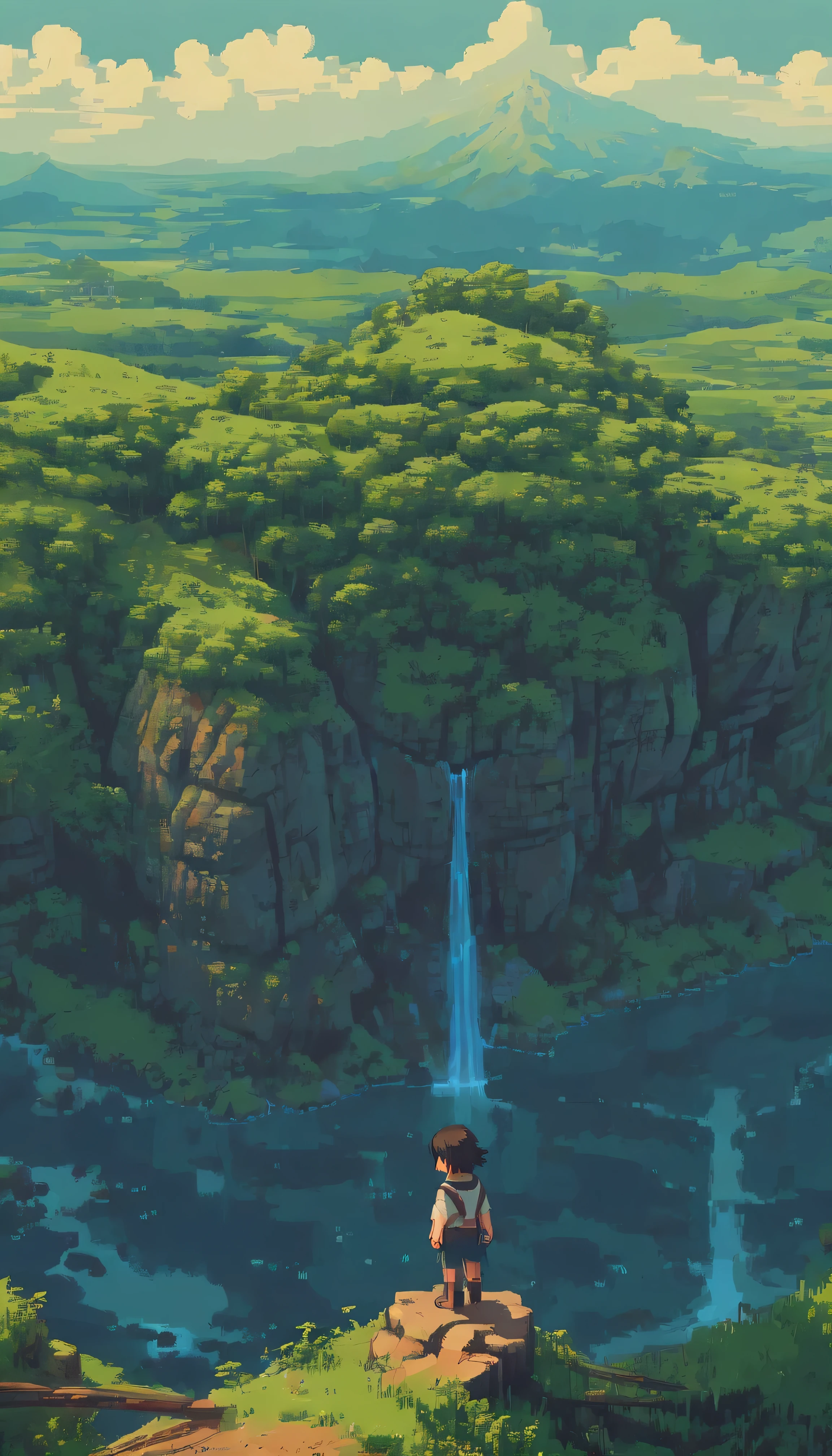 An anime illustration of an adventurer standing on the edge of a mountain cliff, overlooking a beautiful valley below. The art is in the colorful anime style with a high angle shot viewing from above, in the style of Studio Ghibli and in the style of Makoto Shinkai
