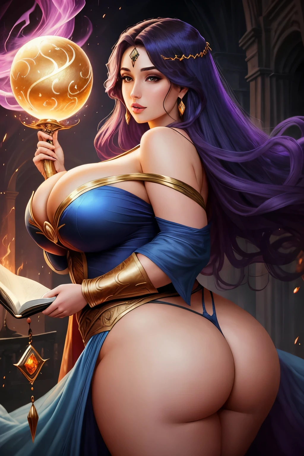 Sorceress woman with a large, curvaceous figure and an enchanting aura, her long, flowing robes reveal a peek of her voluptuous bottom as she leans over an ancient tome, conjuring up powerful magics with the flick of her wrist. A fiery orb of energy hovers above her head, casting an otherworldly glow upon the scene. Her proud, large booty accentuates her strength and allure.